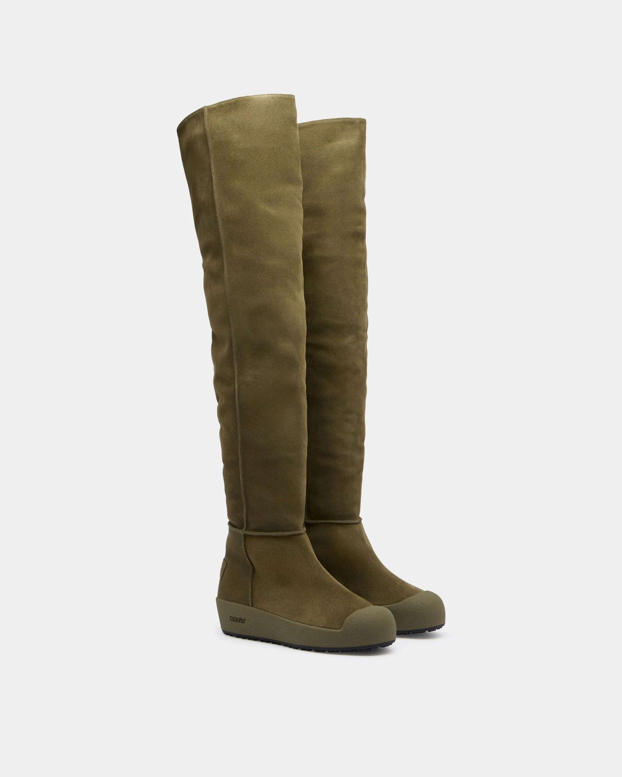 Bally Curling Over-the-knee Boot in Military Green Suede - Image 3