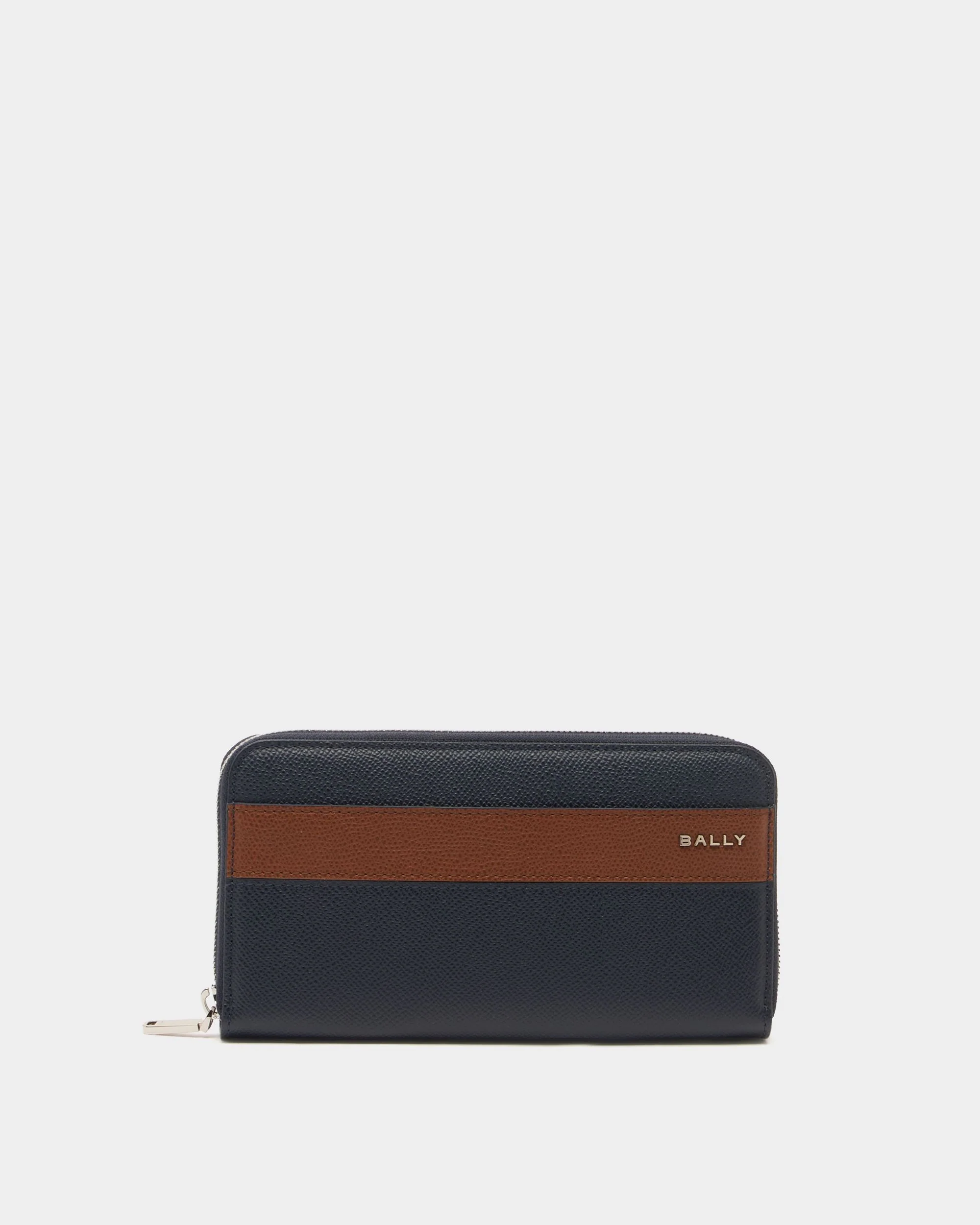 Bally Essential Zip Around Wallet in Navy Blue Grained Leather
