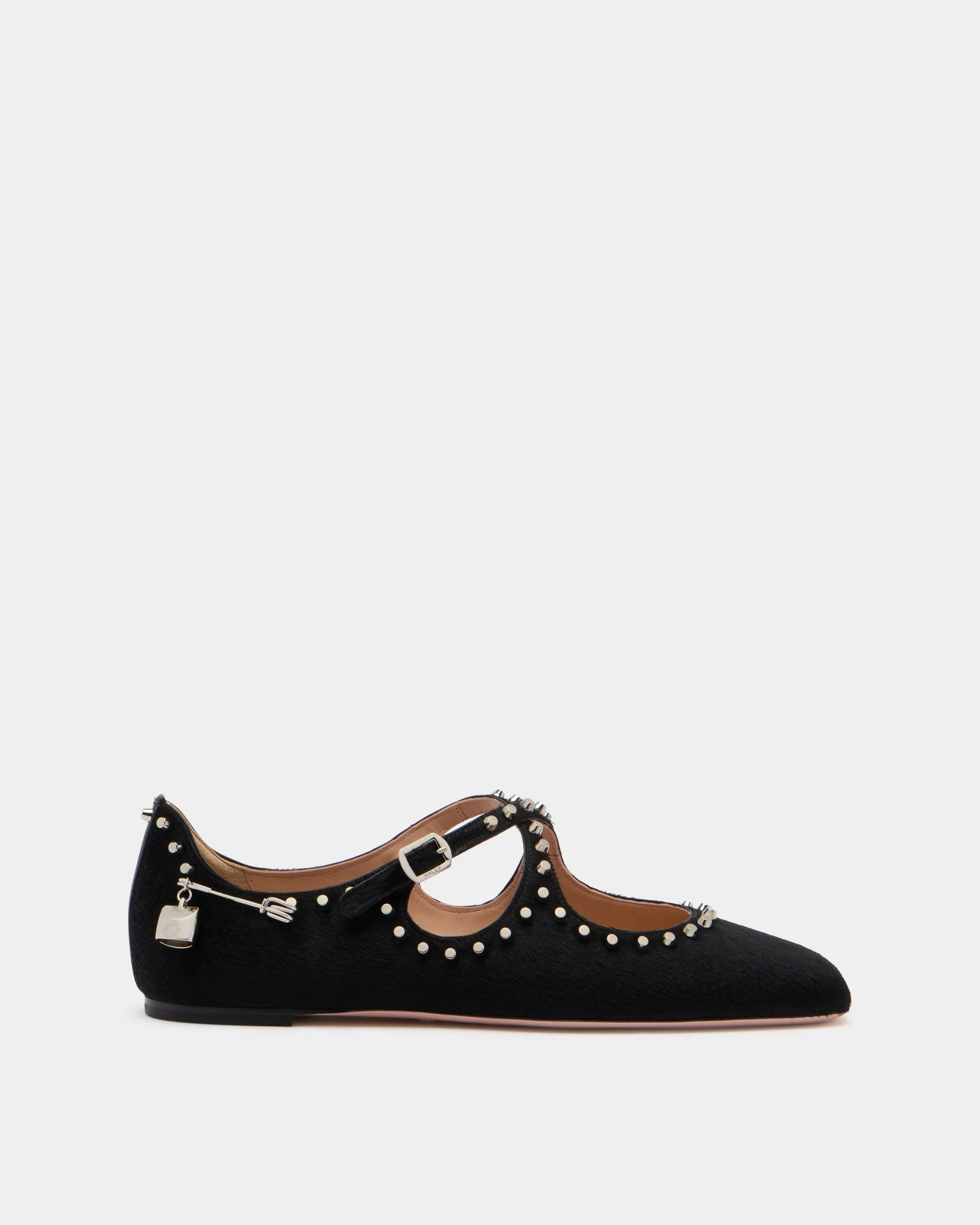 Ballyrina Flat in Black Pony Hair With Studs