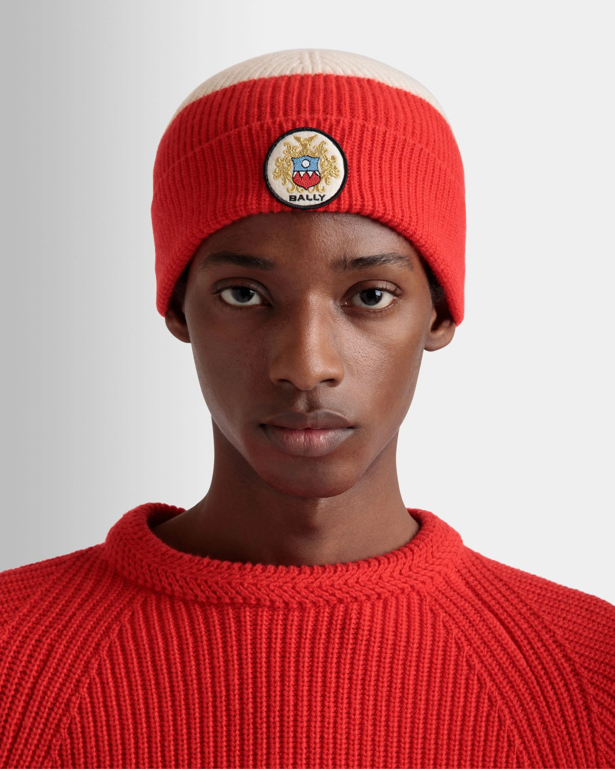 Beanie With a Bally Crest Logo in Candy Red and Ivory Wool - Image 2