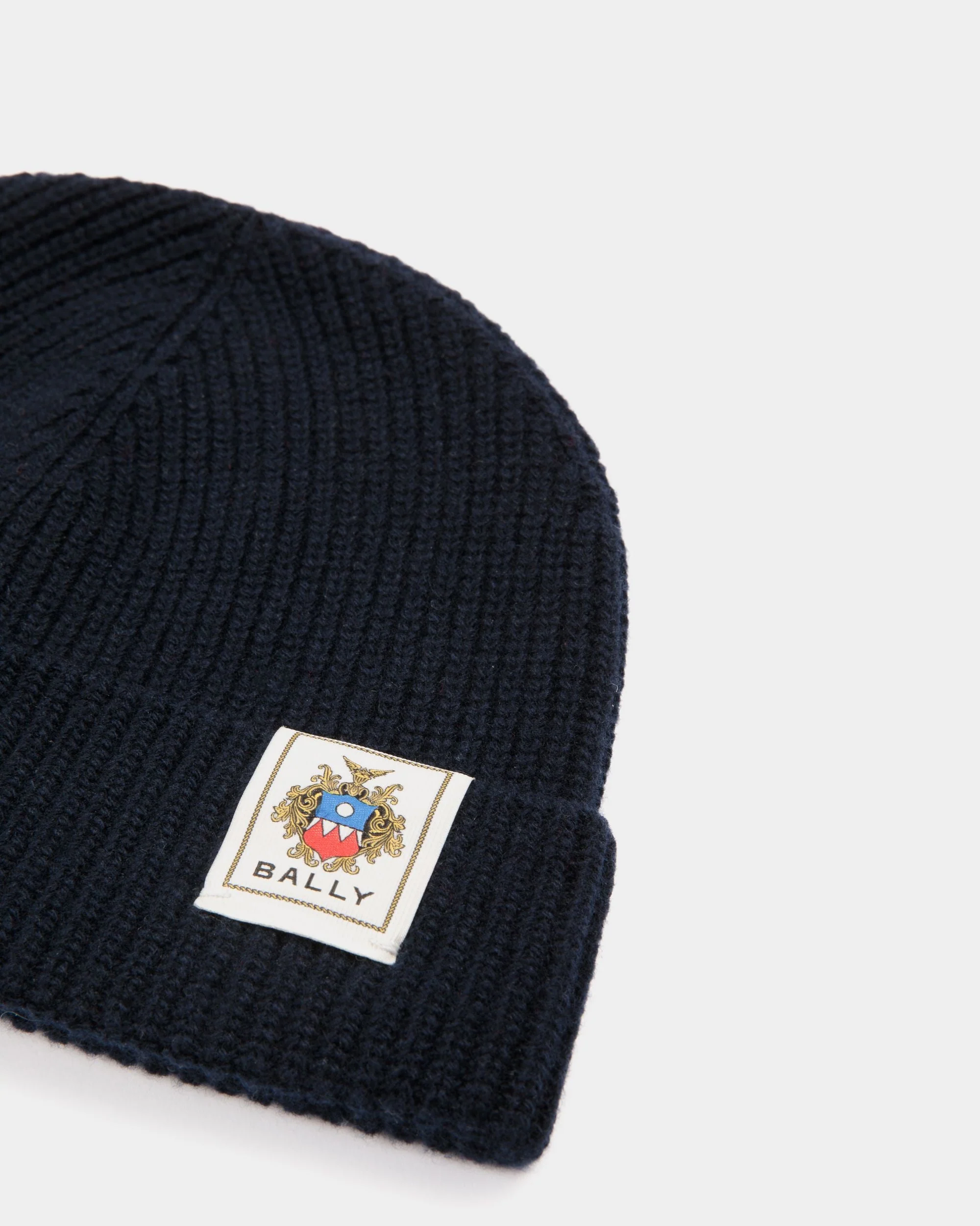 Beanie With Bally Crest Logo In Navy Blue Wool - Image 3