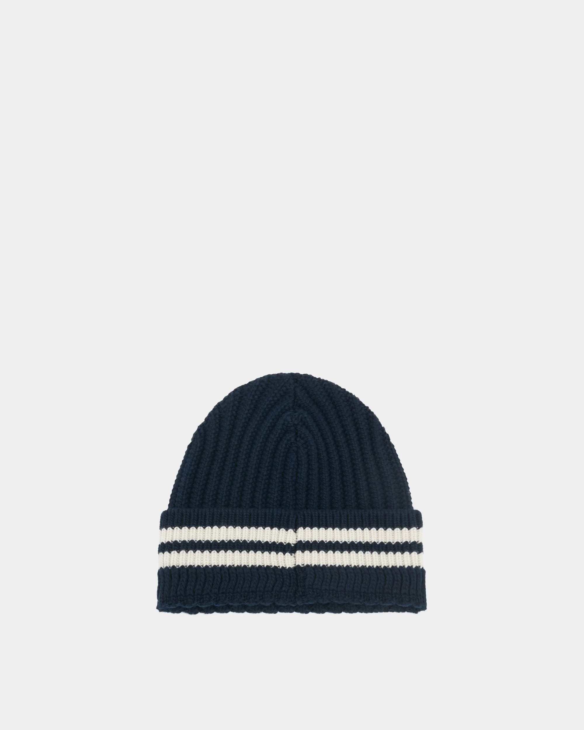Beanie With Bally Stripes in Navy Blue Wool - Image 2