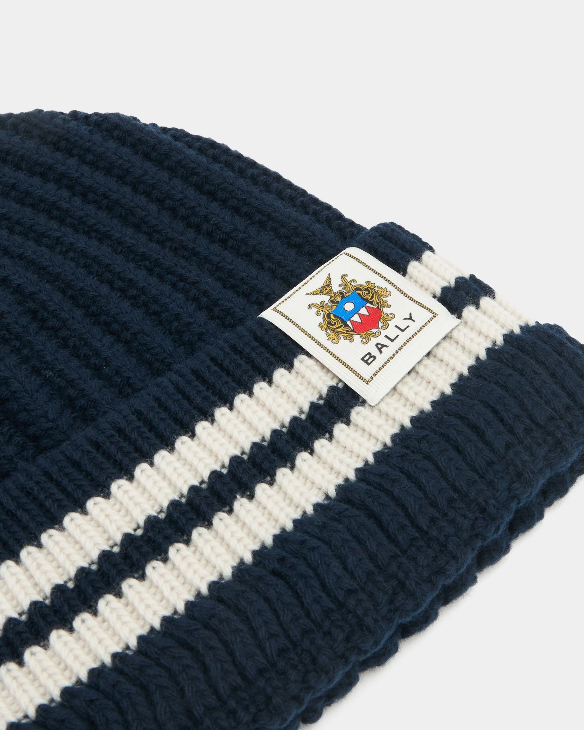Beanie With Bally Stripes in Navy Blue Wool - Image 3