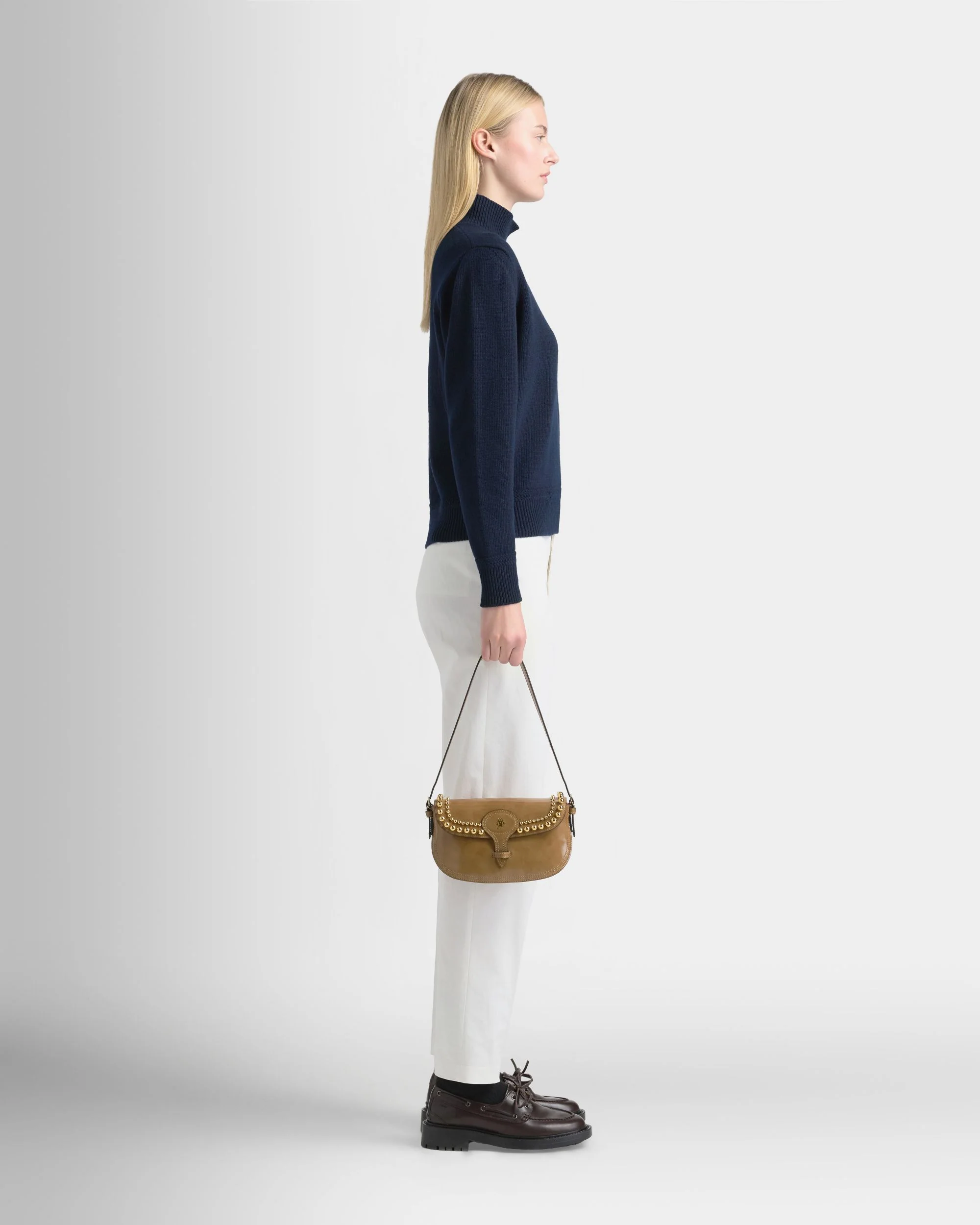 Beckett Small Shoulder Bag in Beige Brushed Leather With Studs - Image 2