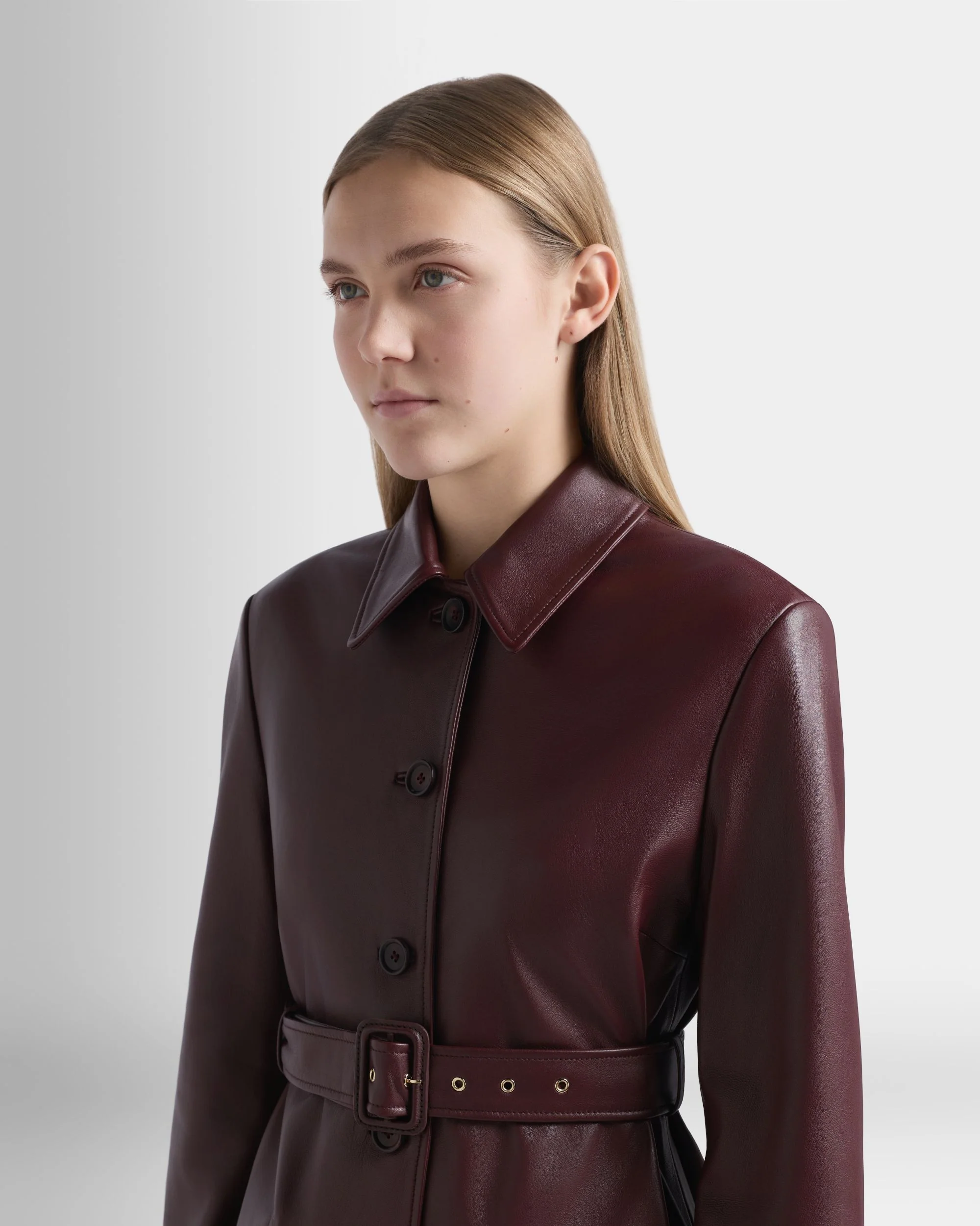 Belted Coat in Deep Burgundy Leather - Image 3