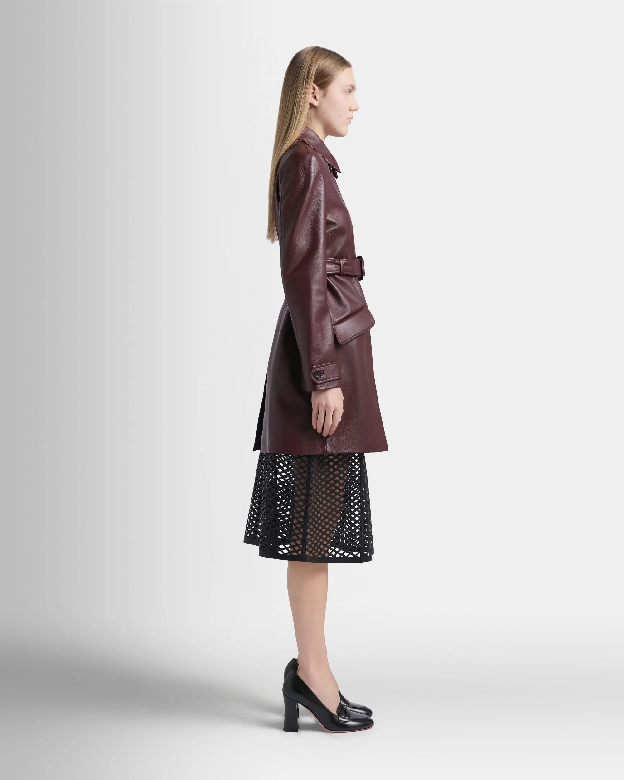 Belted Coat in Deep Burgundy Leather - Image 5