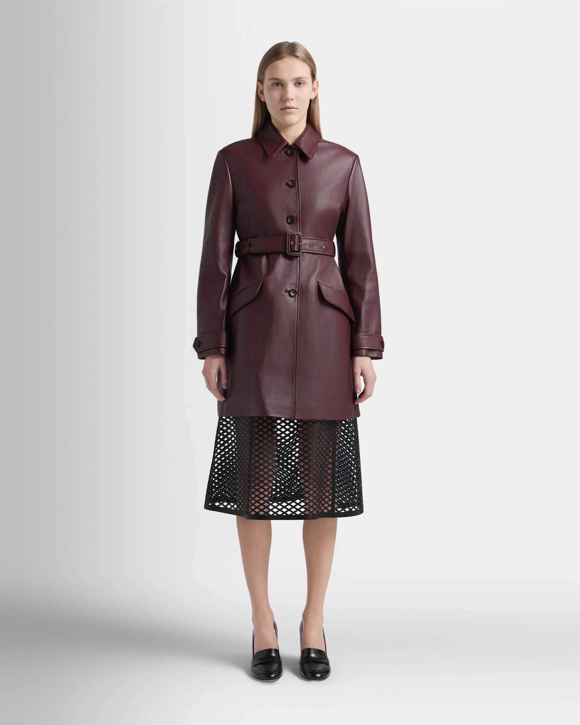 Belted Coat in Deep Burgundy Leather - Image 8