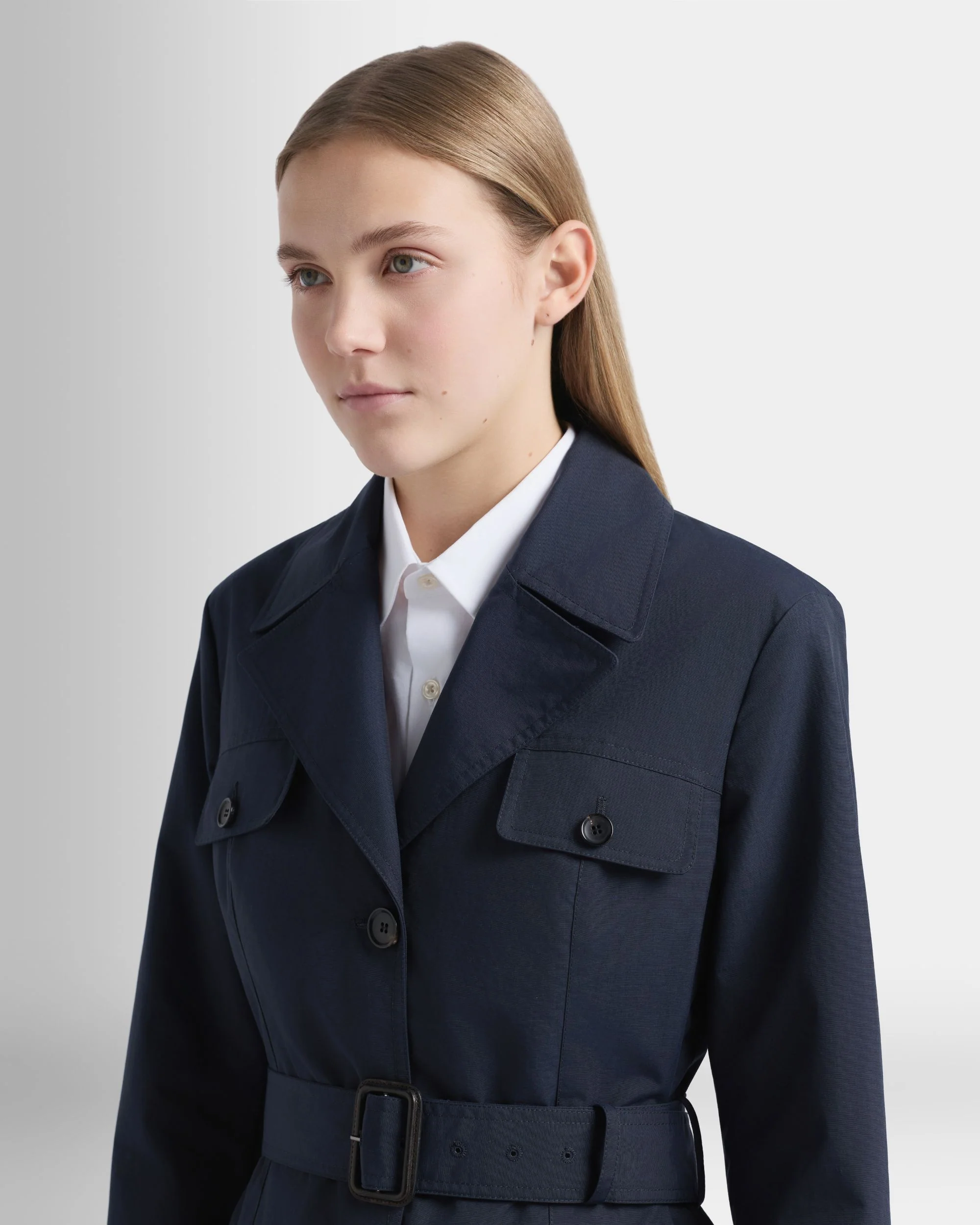 Belted Jacket in Navy Blue Nylon - Image 3