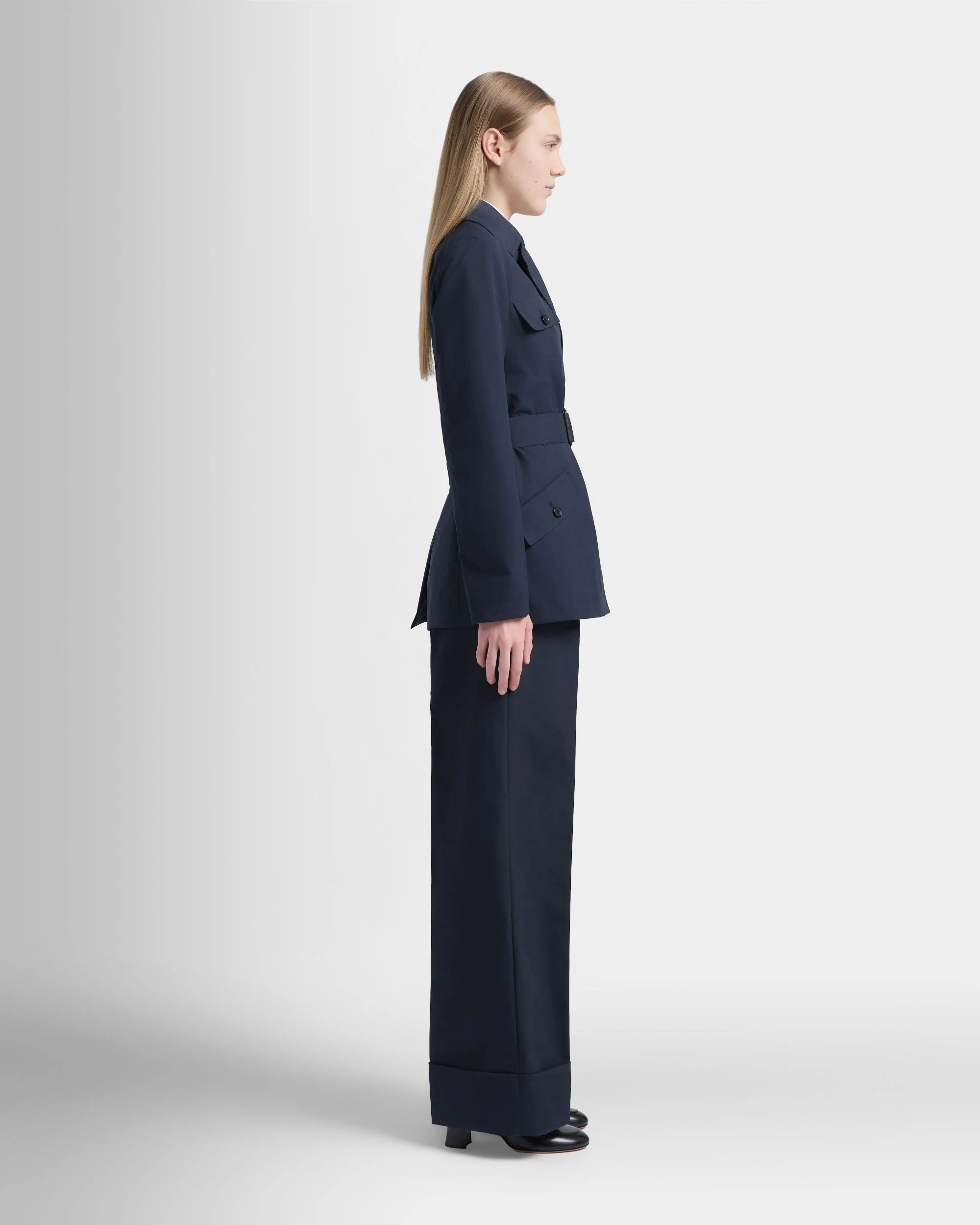 Belted Jacket in Navy Blue Nylon - Image 5