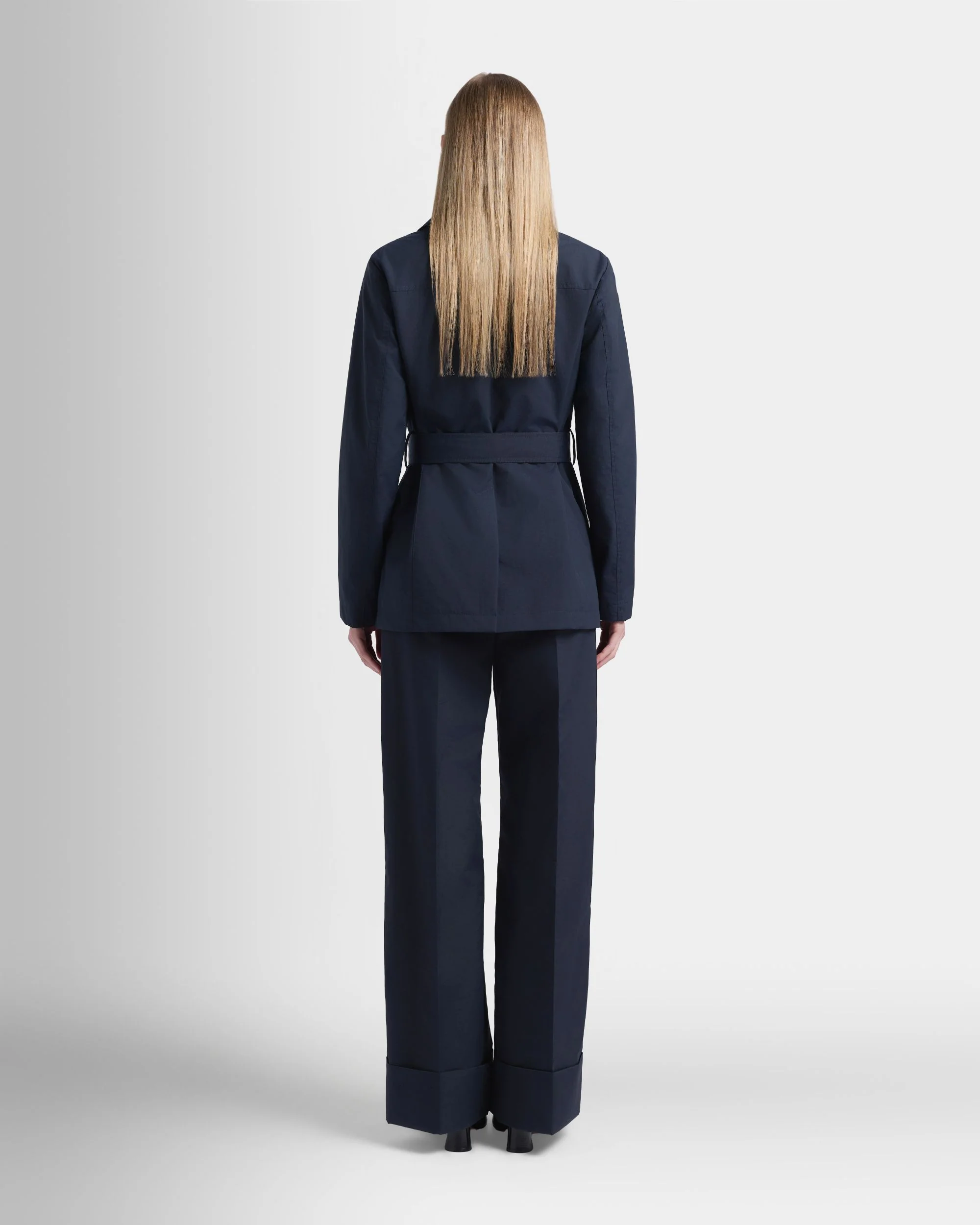 Belted Jacket in Navy Blue Nylon - Image 6