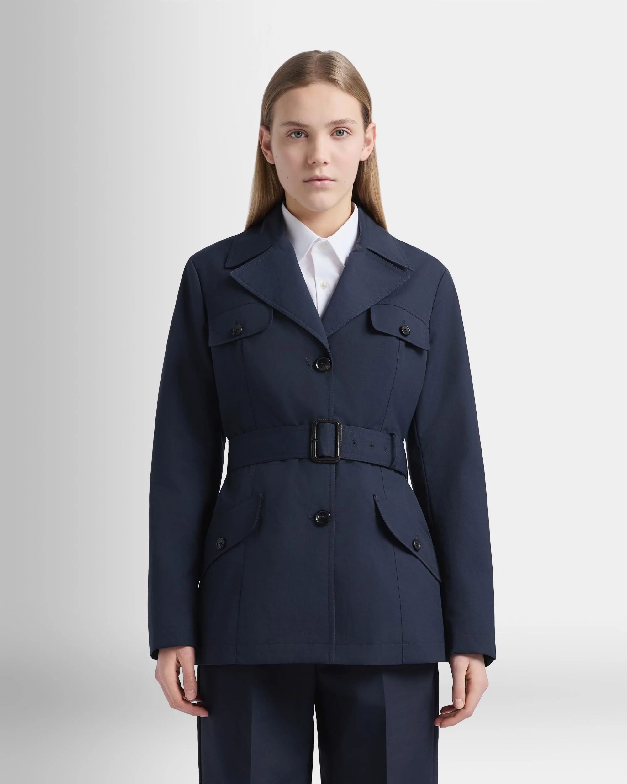 Belted Jacket in Navy Blue Nylon - Image 8