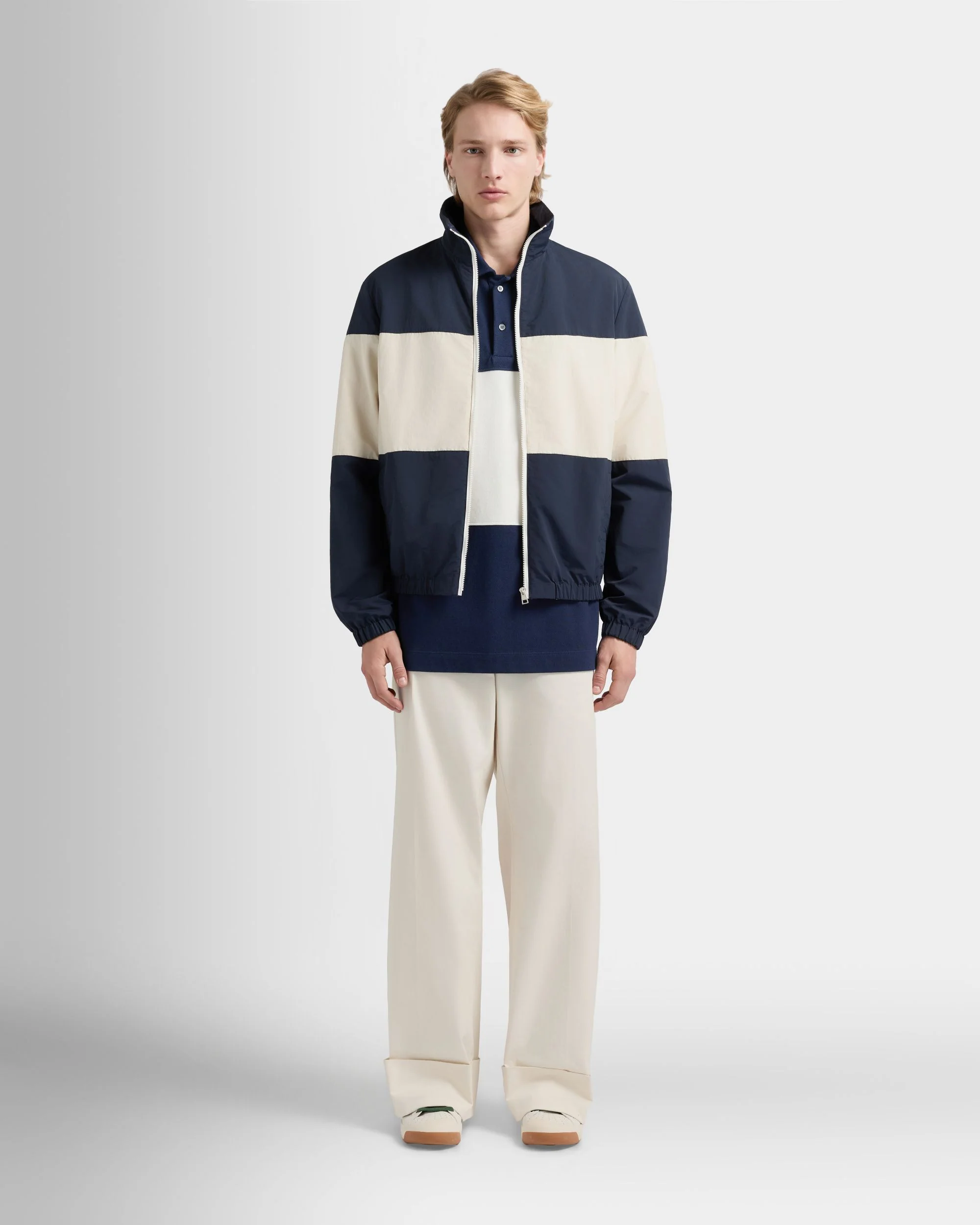 Blouson Jacket in Navy Blue And White Nylon with a Maxi Bally Ribbon - Image 2