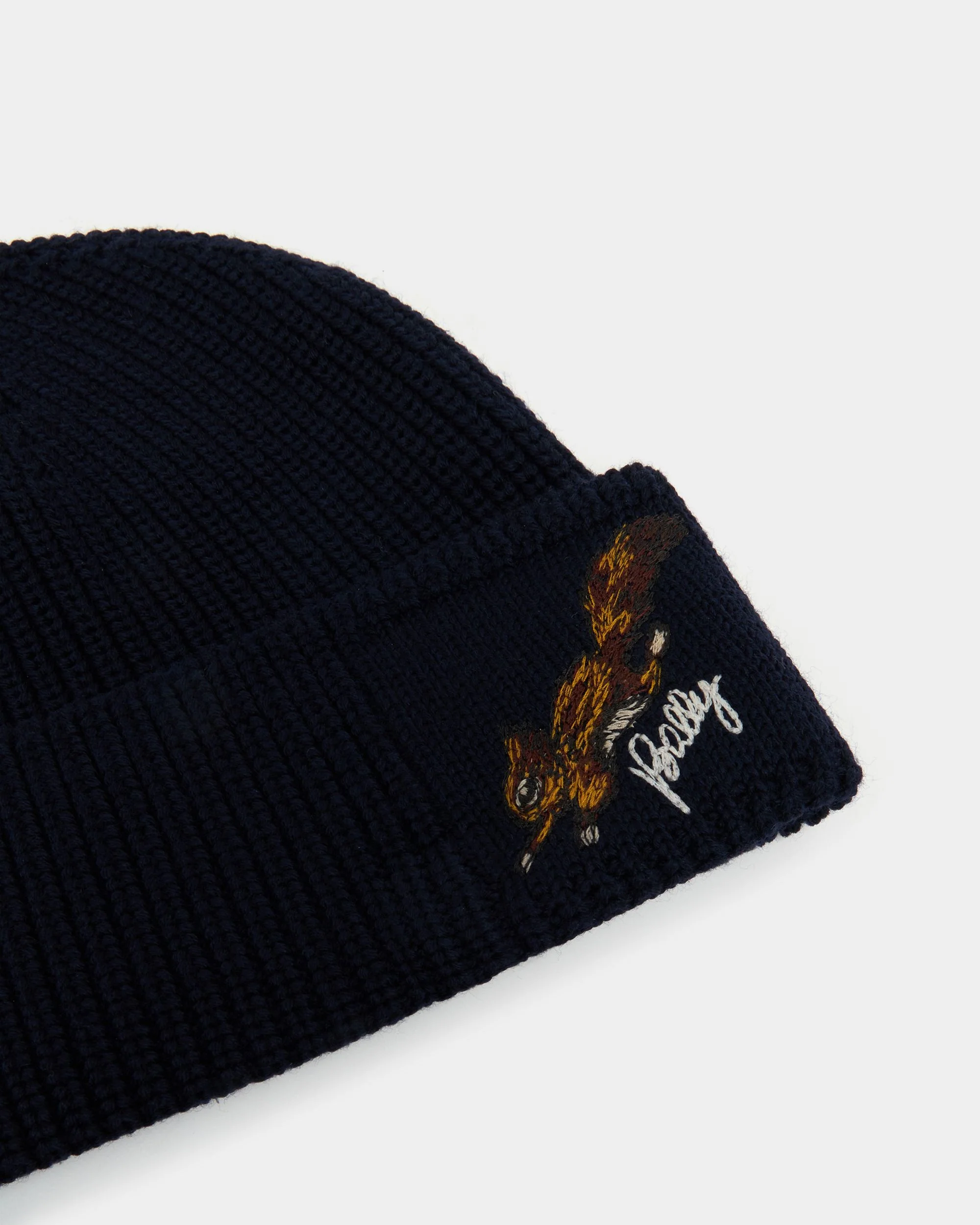 Christmas Beanie in Navy Blue Wool With a Bally Logo And Squirrel - Image 3