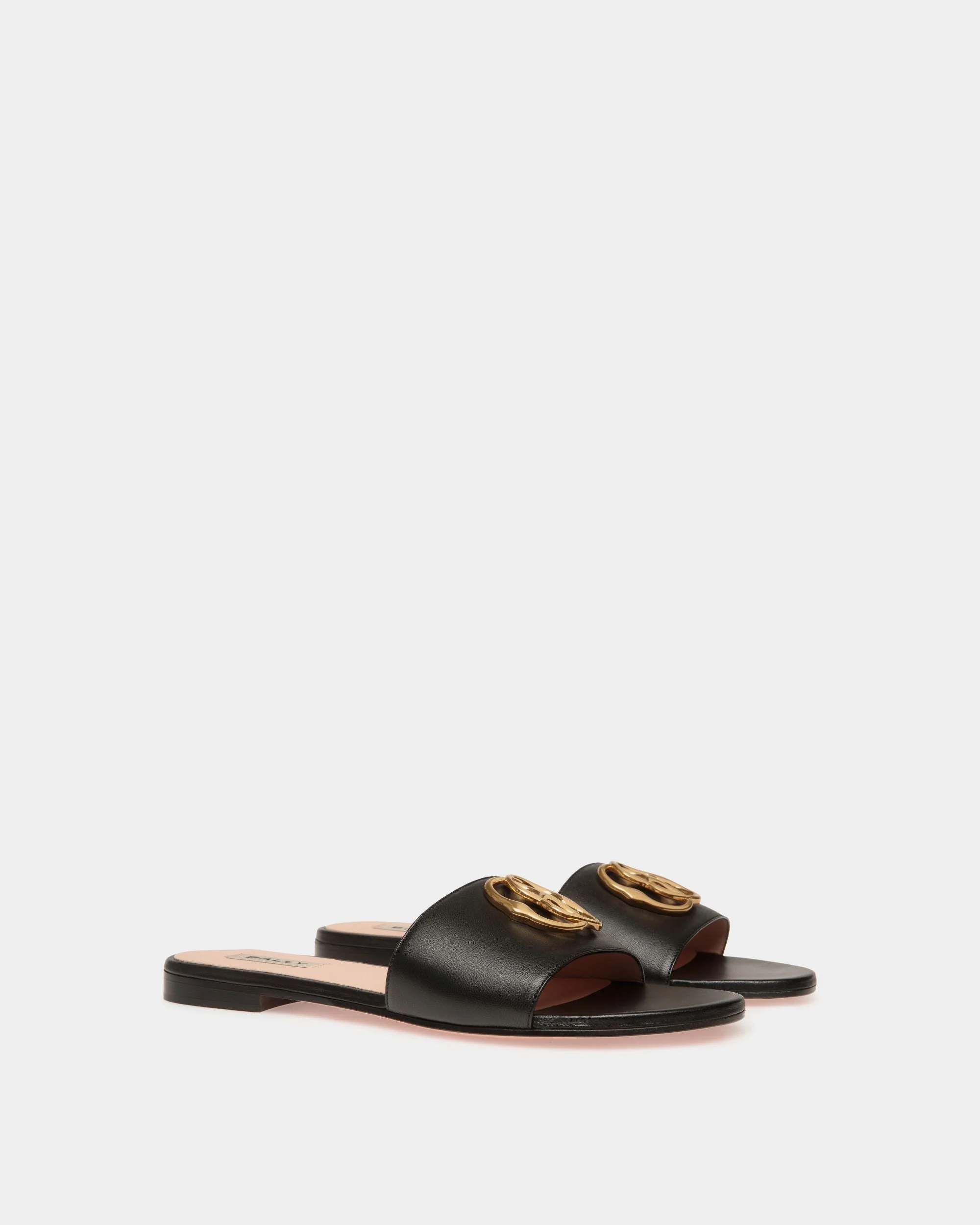 Emblem Flat Slide in Black Nappa Leather - Image 3