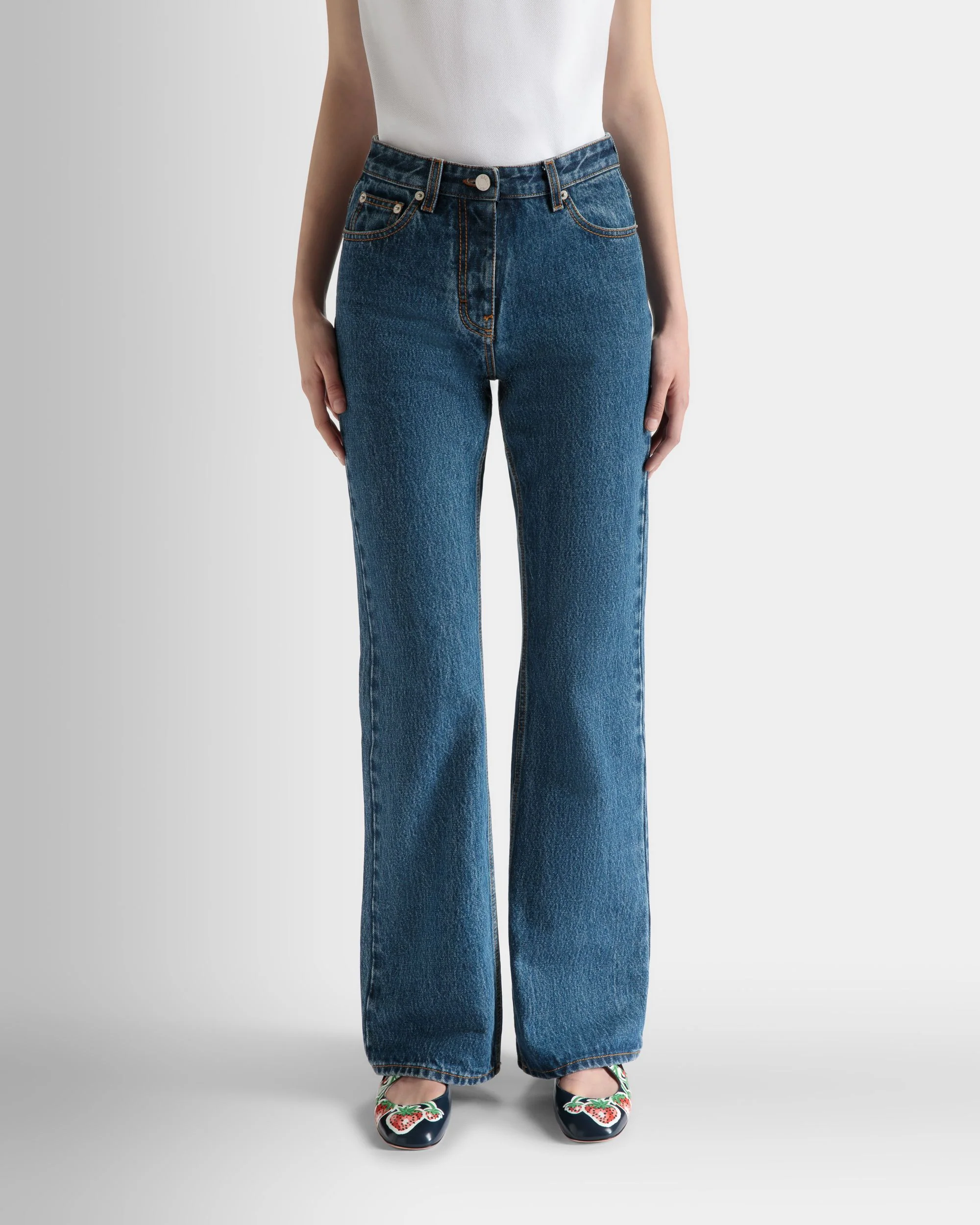 Flared Denim Pants in Medium Blue Cotton - Image 3