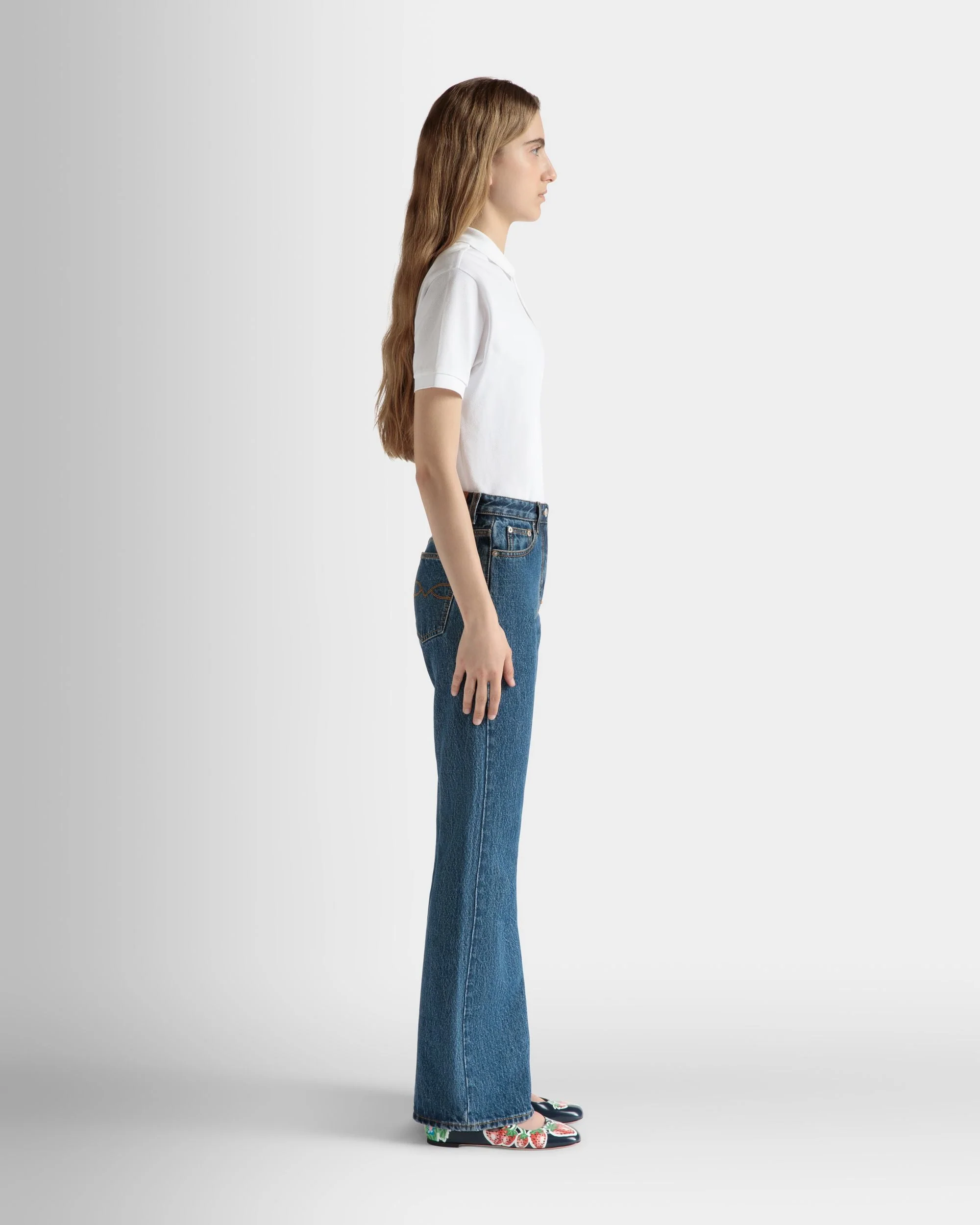 Flared Denim Pants in Medium Blue Cotton - Image 5