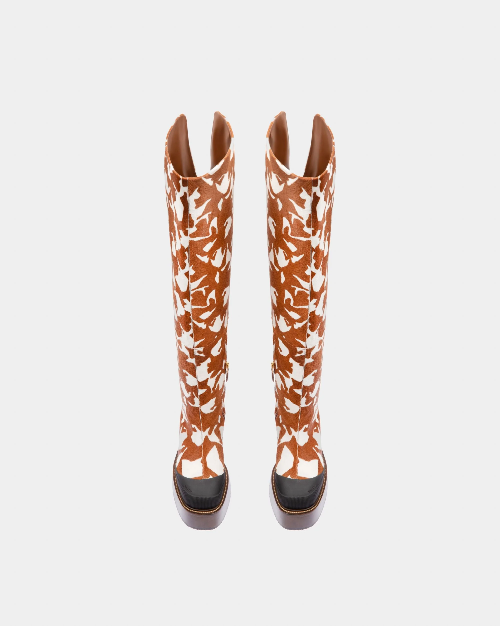 Irenne Leather Long Boots In White & Brown - Image 2