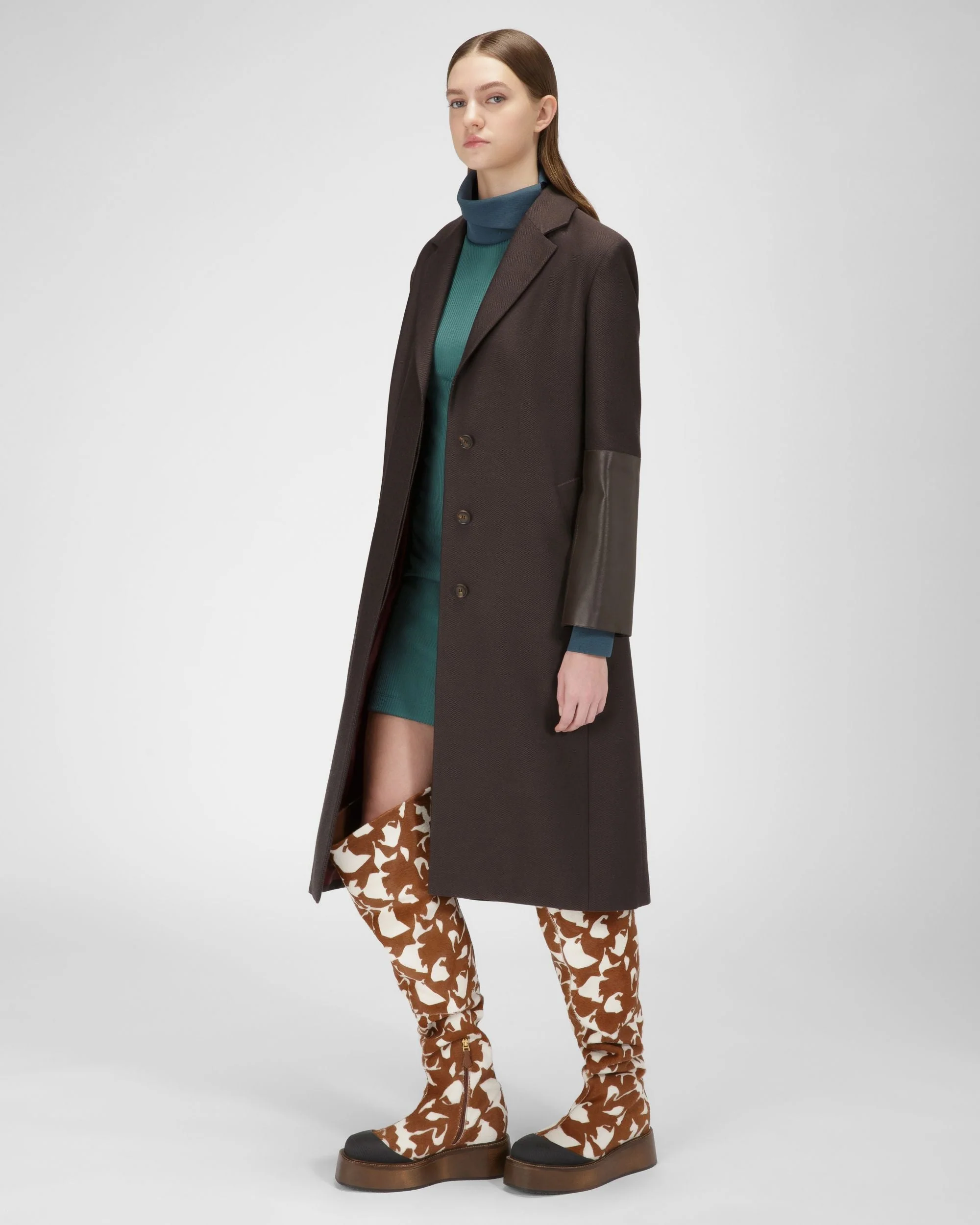 Irenne Leather Long Boots In White & Brown - Image 3