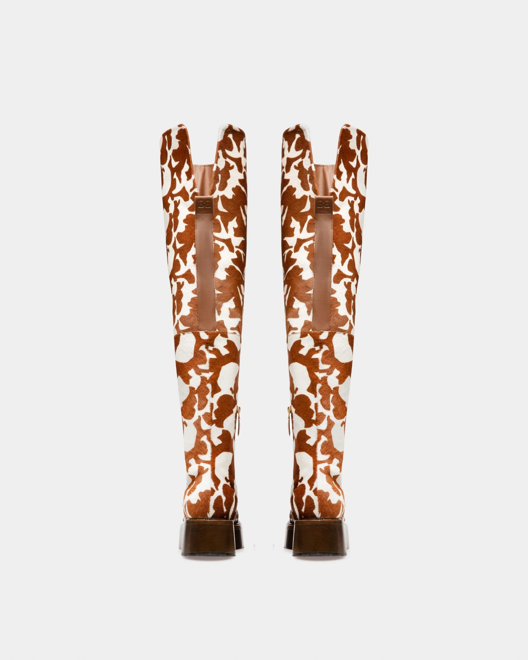 Irenne Leather Long Boots In White & Brown - Image 4