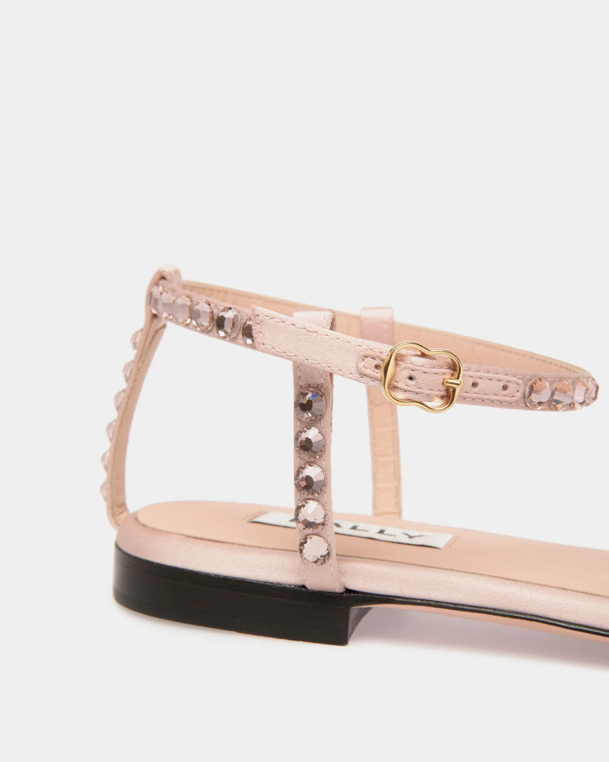 Katy Flat Sandal in Light Pink Fabric with Crystals - Image 4