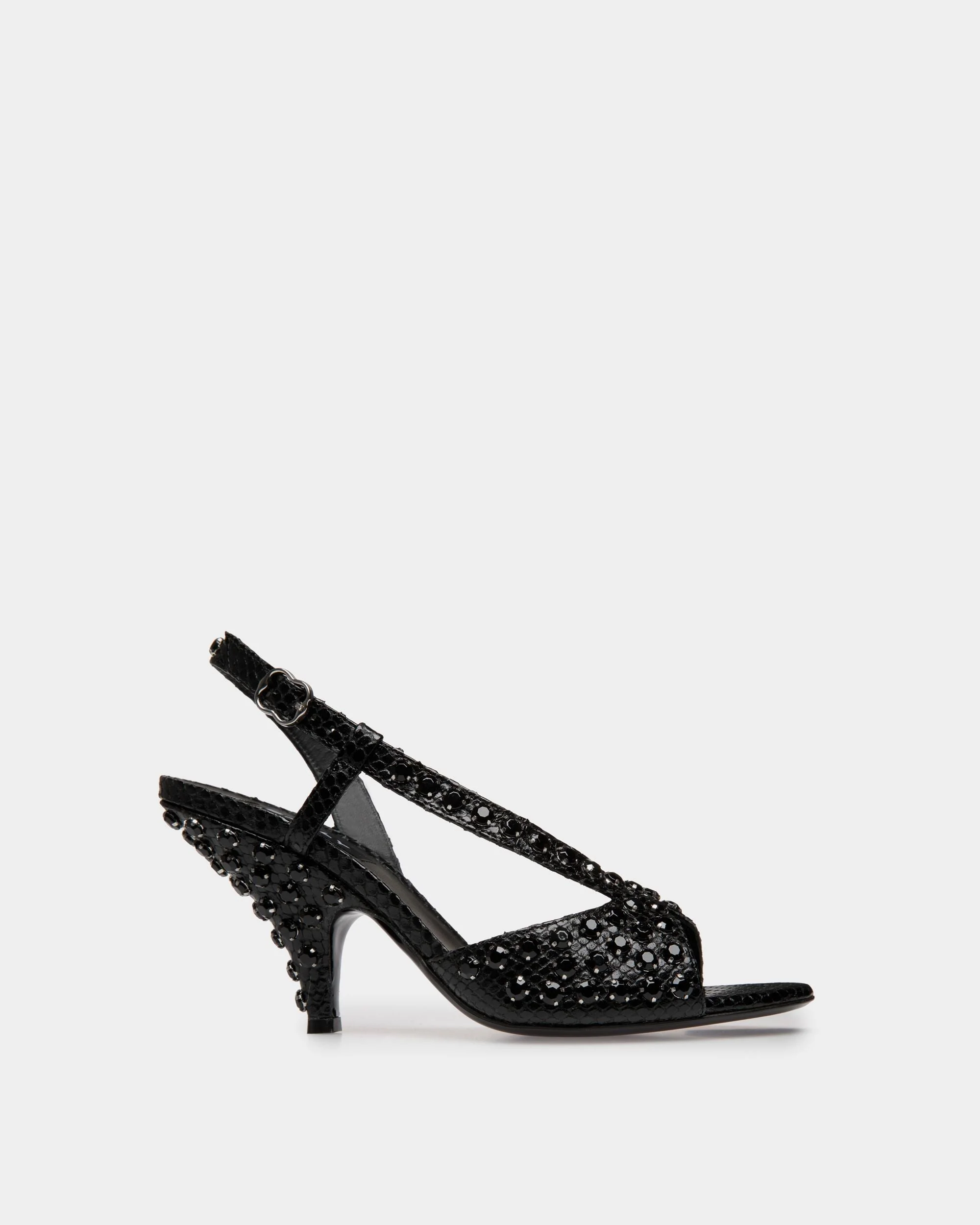 Katy Heeled Sandal in Black Python Printed Leather