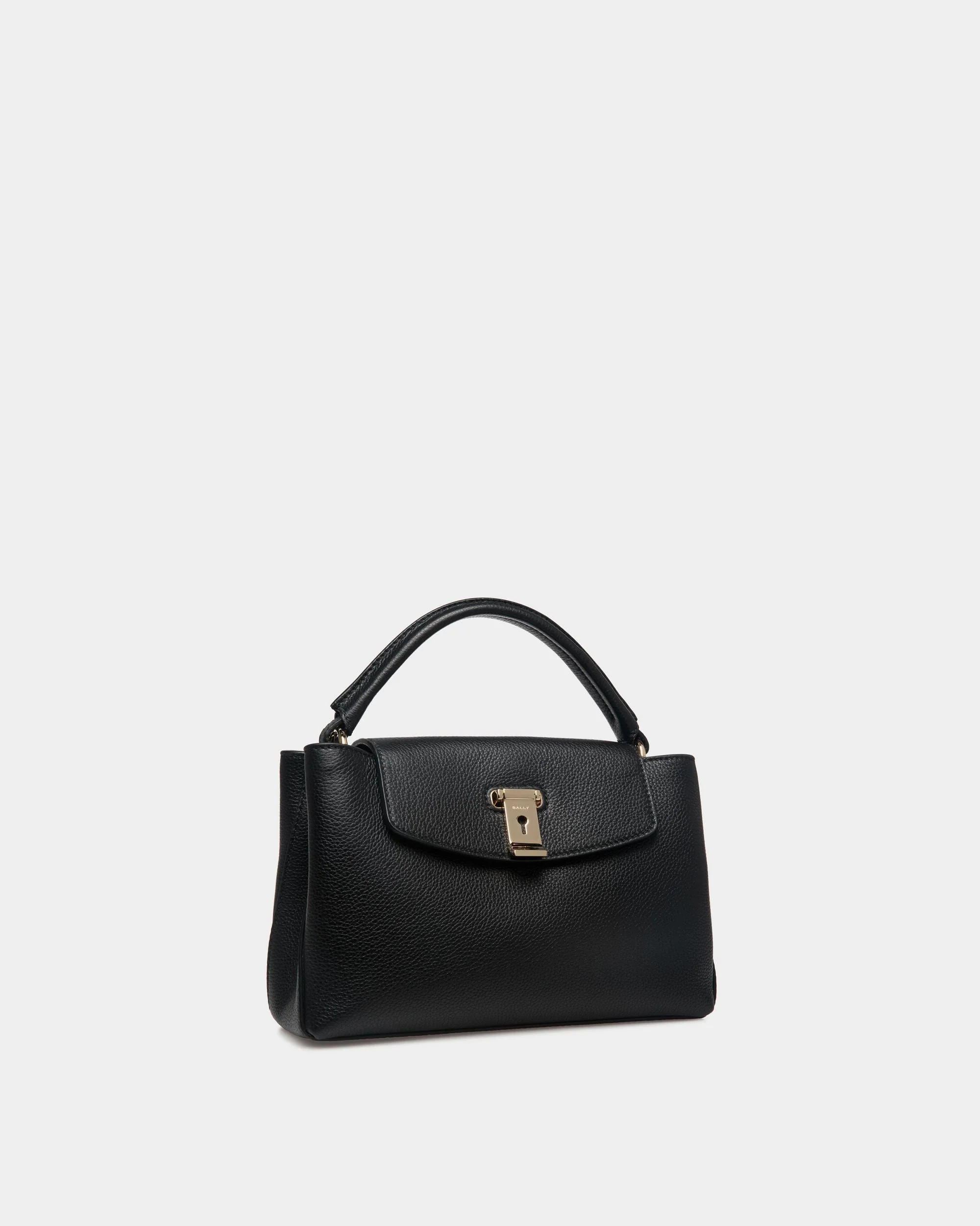 Lock Me Small Top Handle Bag in Black Grained Leather - Image 4
