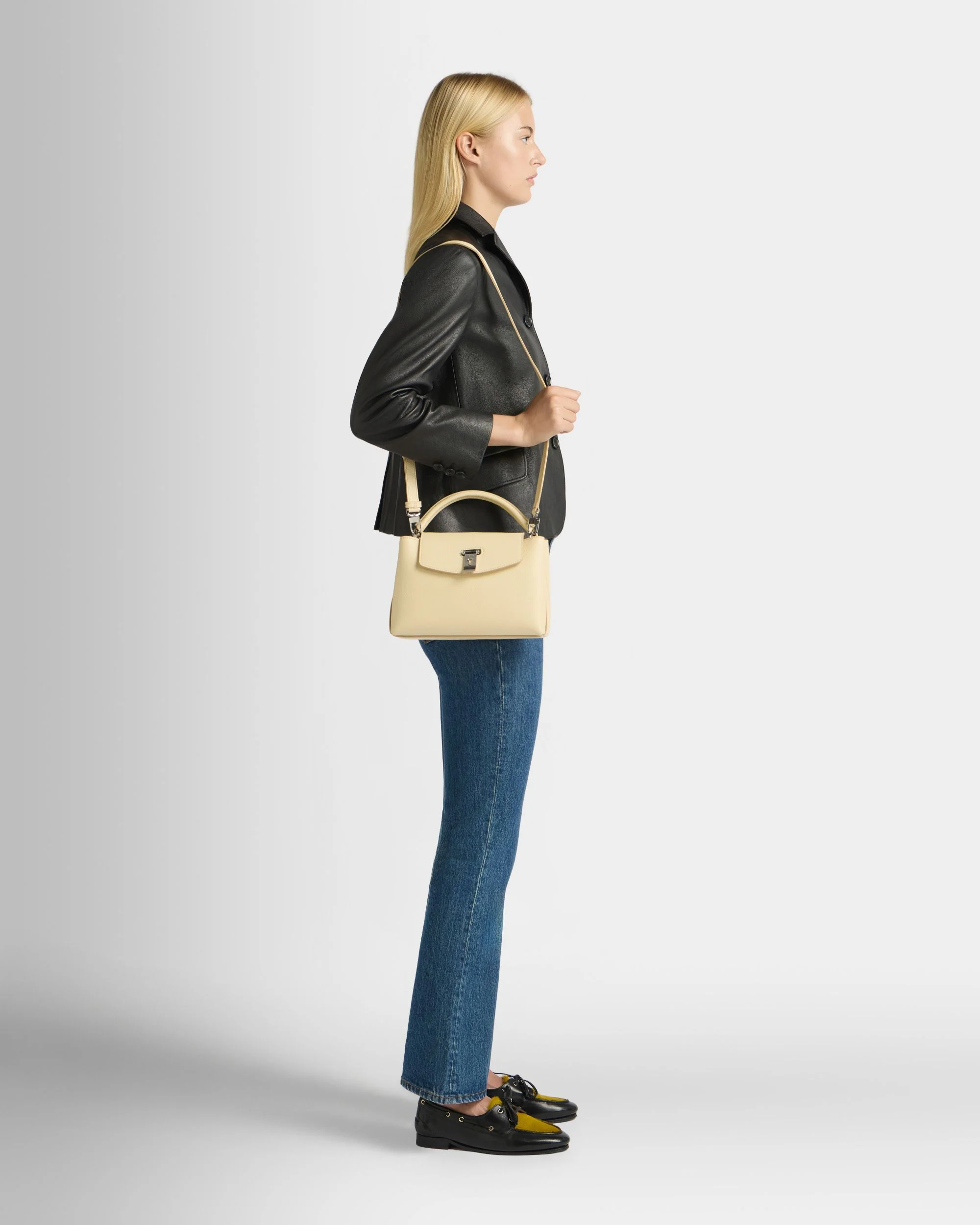 Lock Me Small Top Handle Bag in Ginger Grained Leather - Image 2