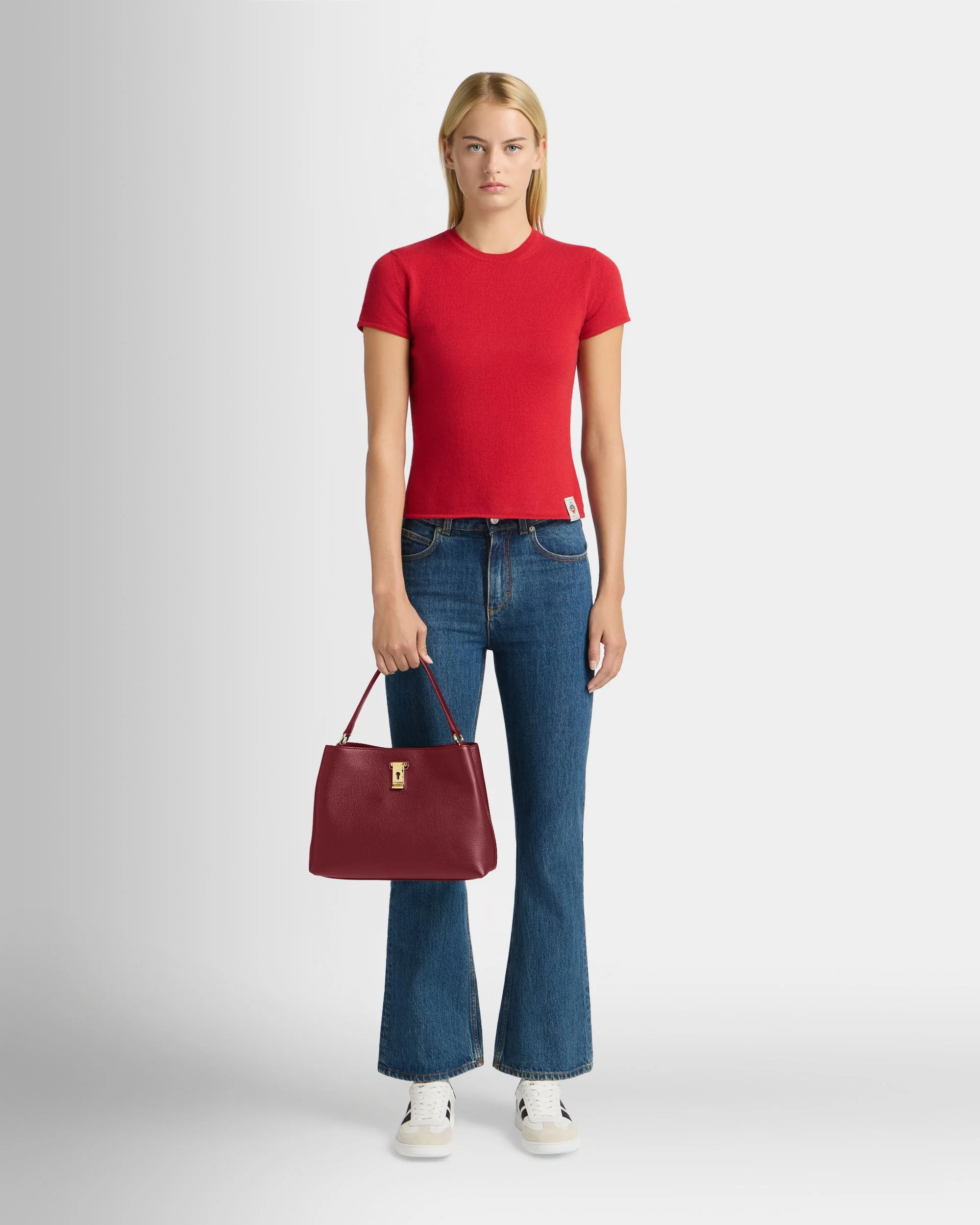 Lock Me Top Handle Bag in Ruby Red Grained Leather - Image 2