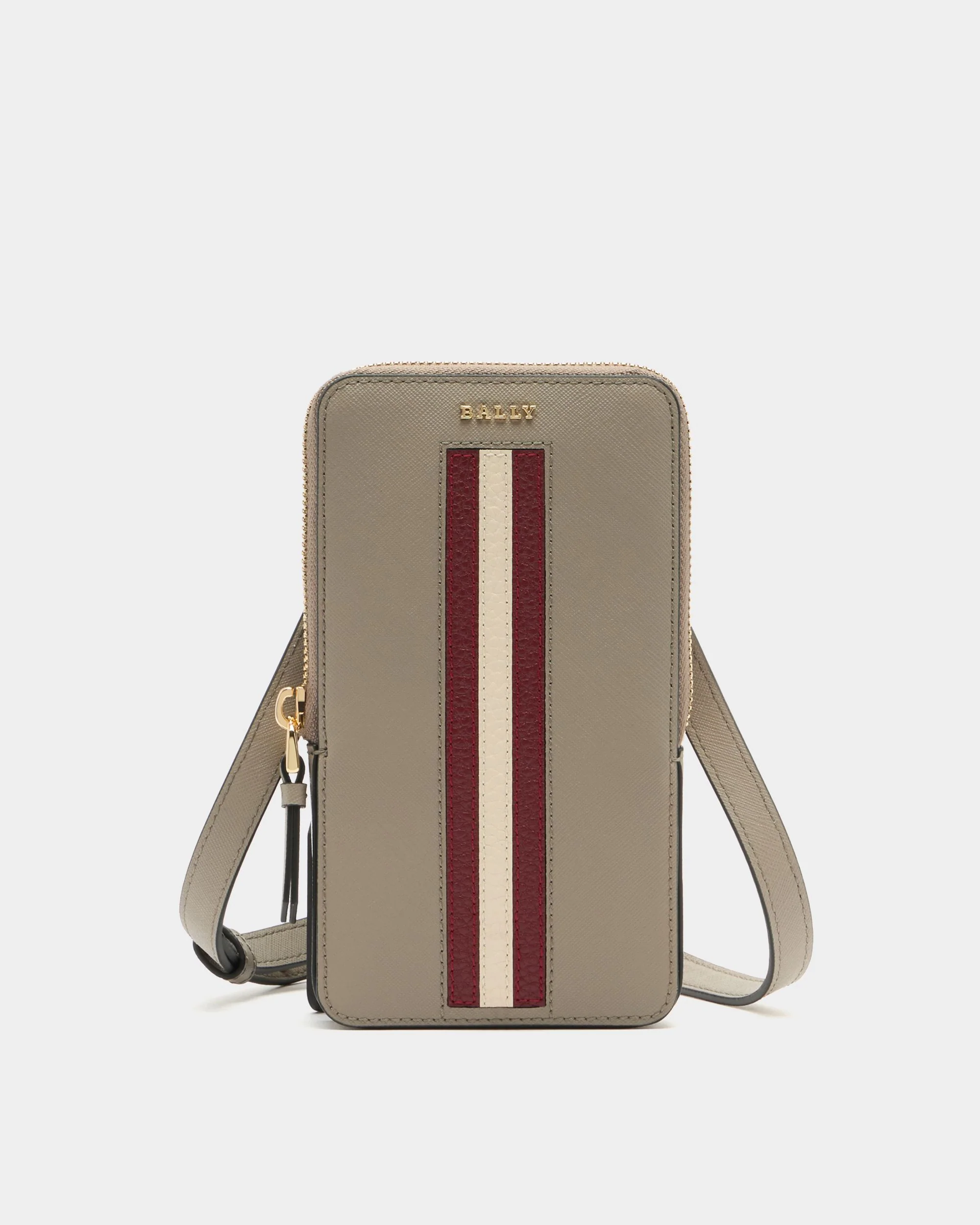 Phone Holder in Taupe Embossed Leather With a Bally Ribbon