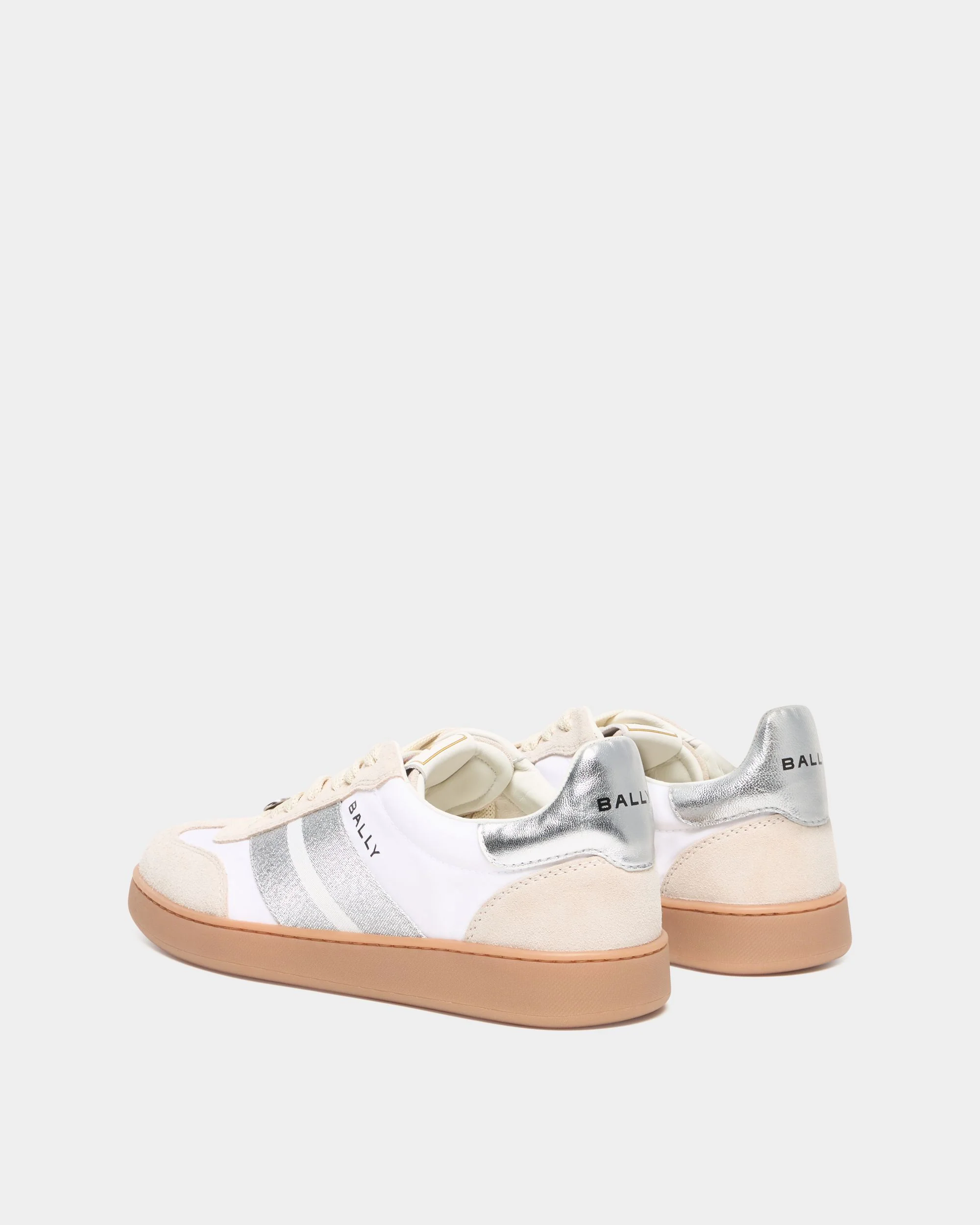 Retro Crest Sneaker in White and Silver Fabric and Leather - Image 4