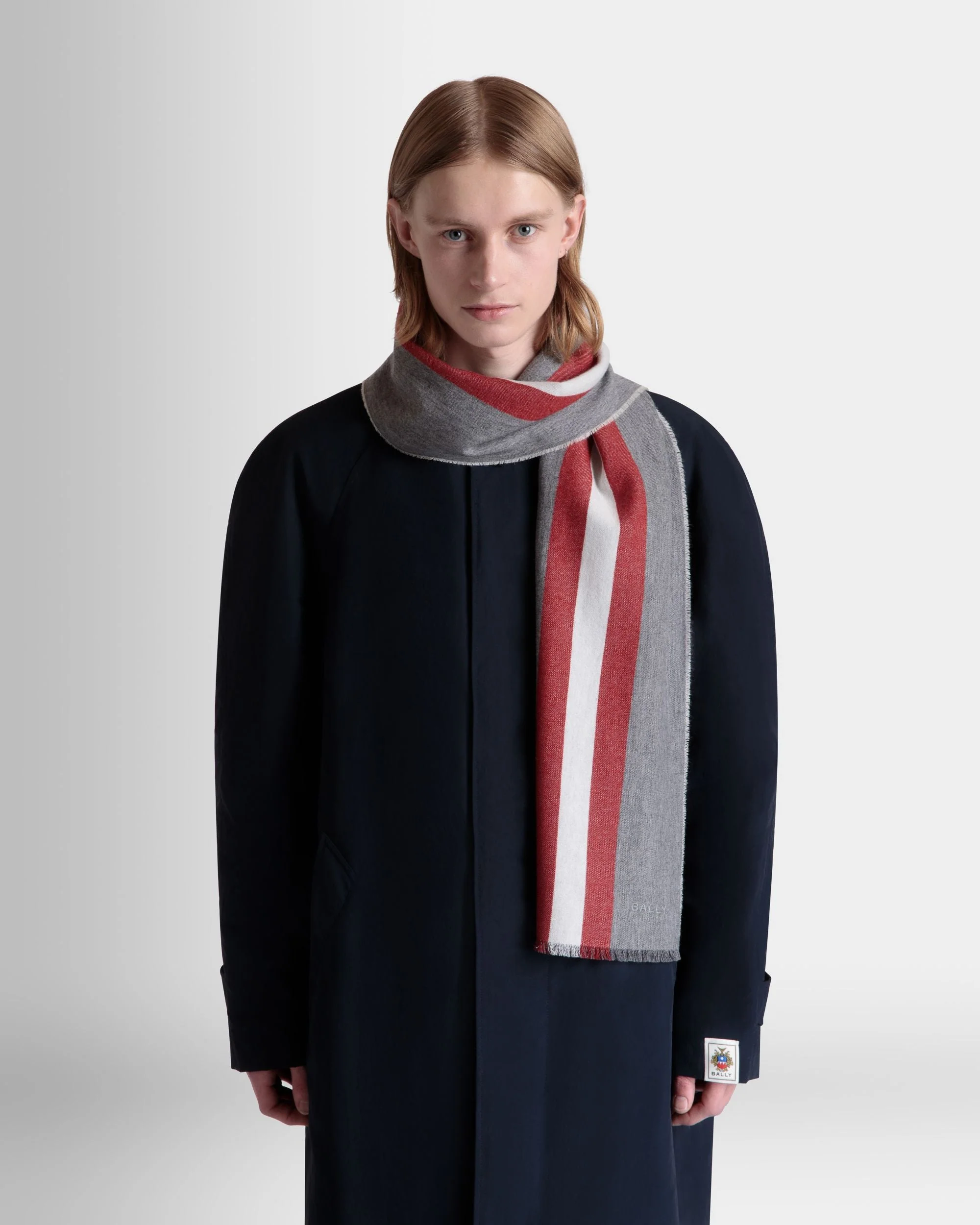 Scarf With a Bally Ribbon in Dark Grey Wool - Image 2