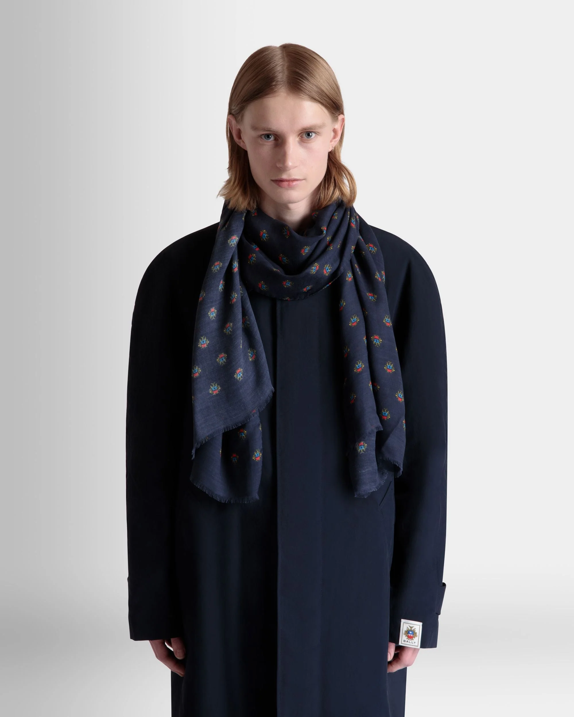 Scarf With an Allover Bally Crest Print in Navy Blue Modal And Cashmere - Image 2