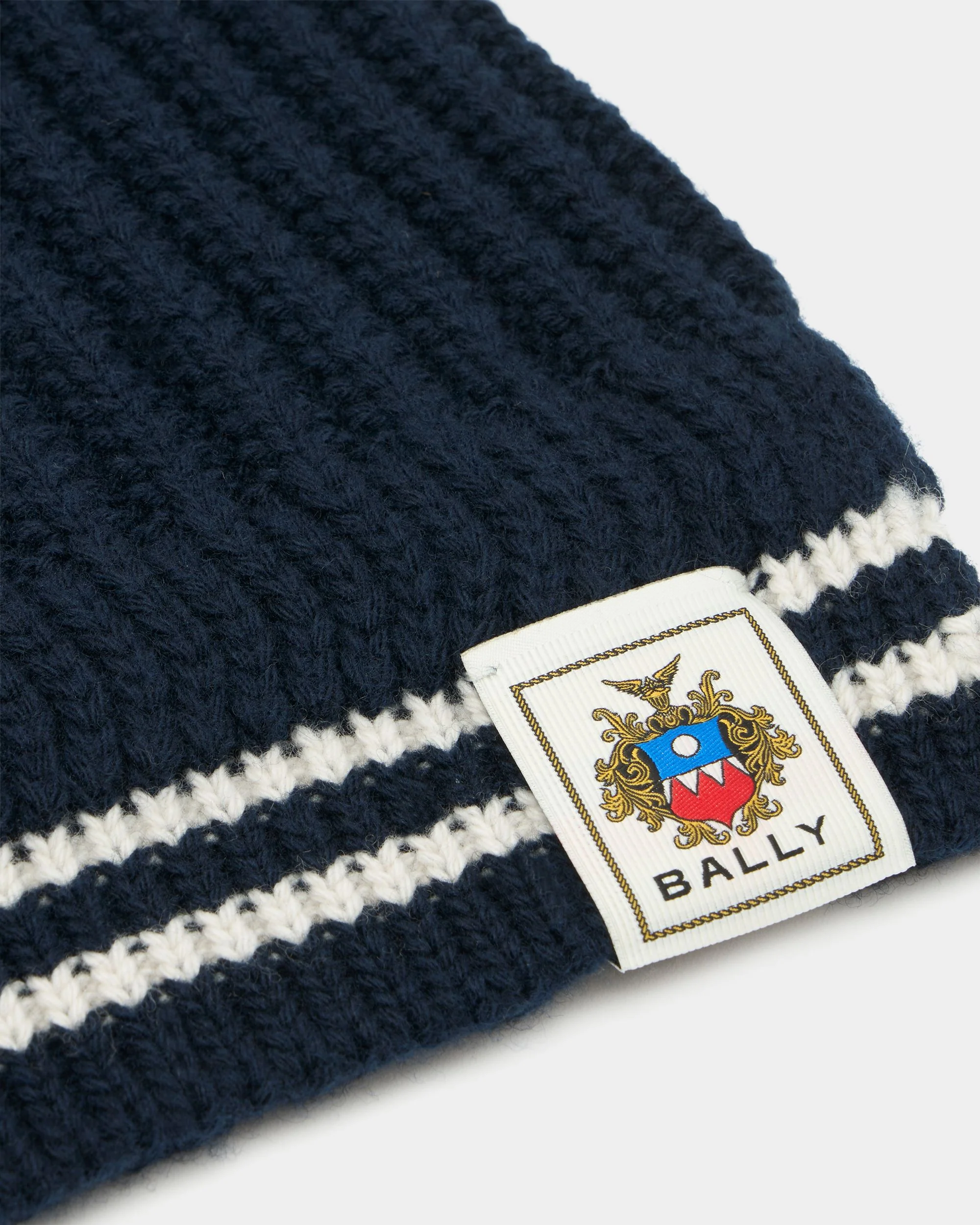 Scarf With Bally Stripes in Navy Blue Wool - Image 2