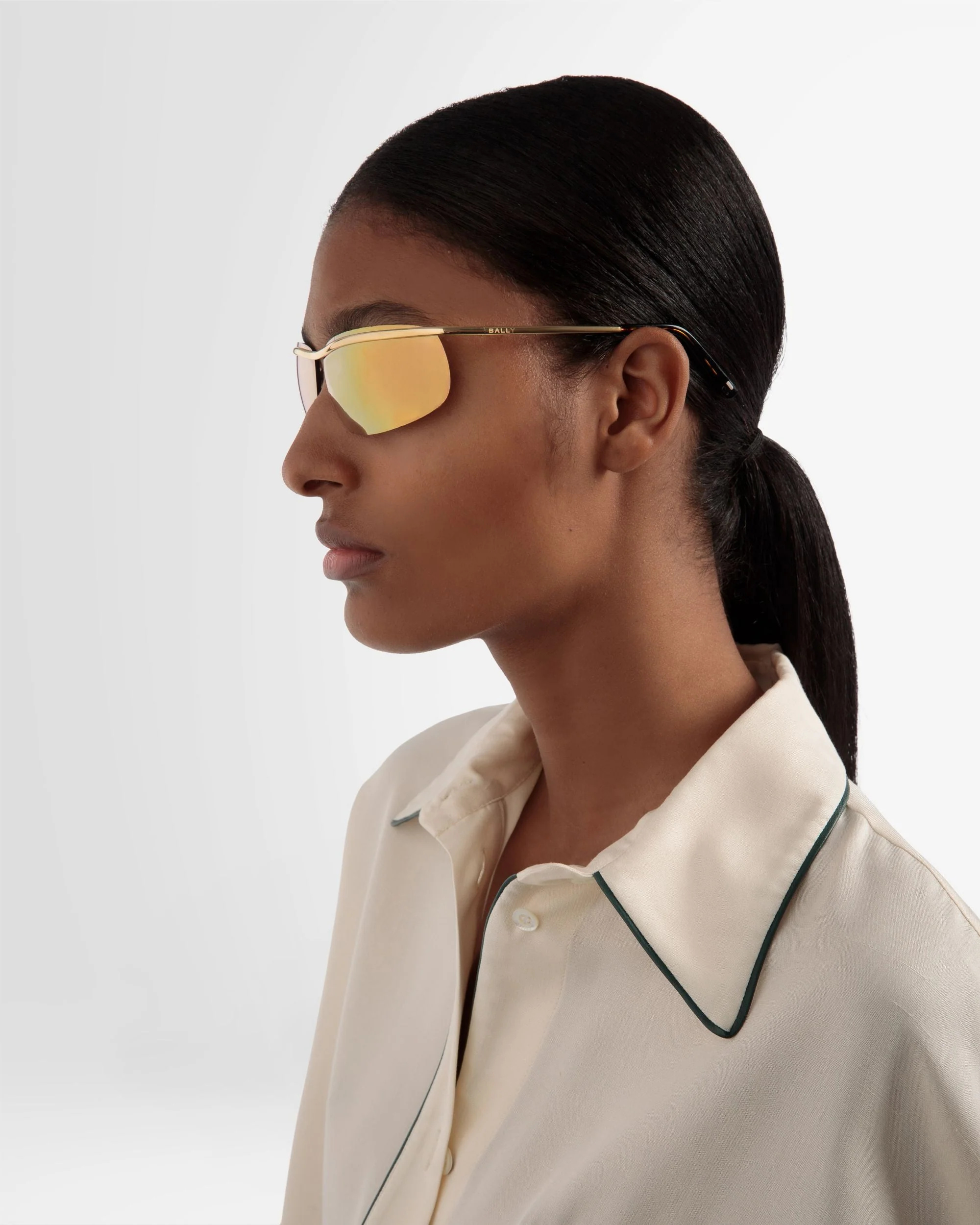 Shark Rimless Sunglasses In Shiny Gold Metal & Mirrored Gold - Image 2