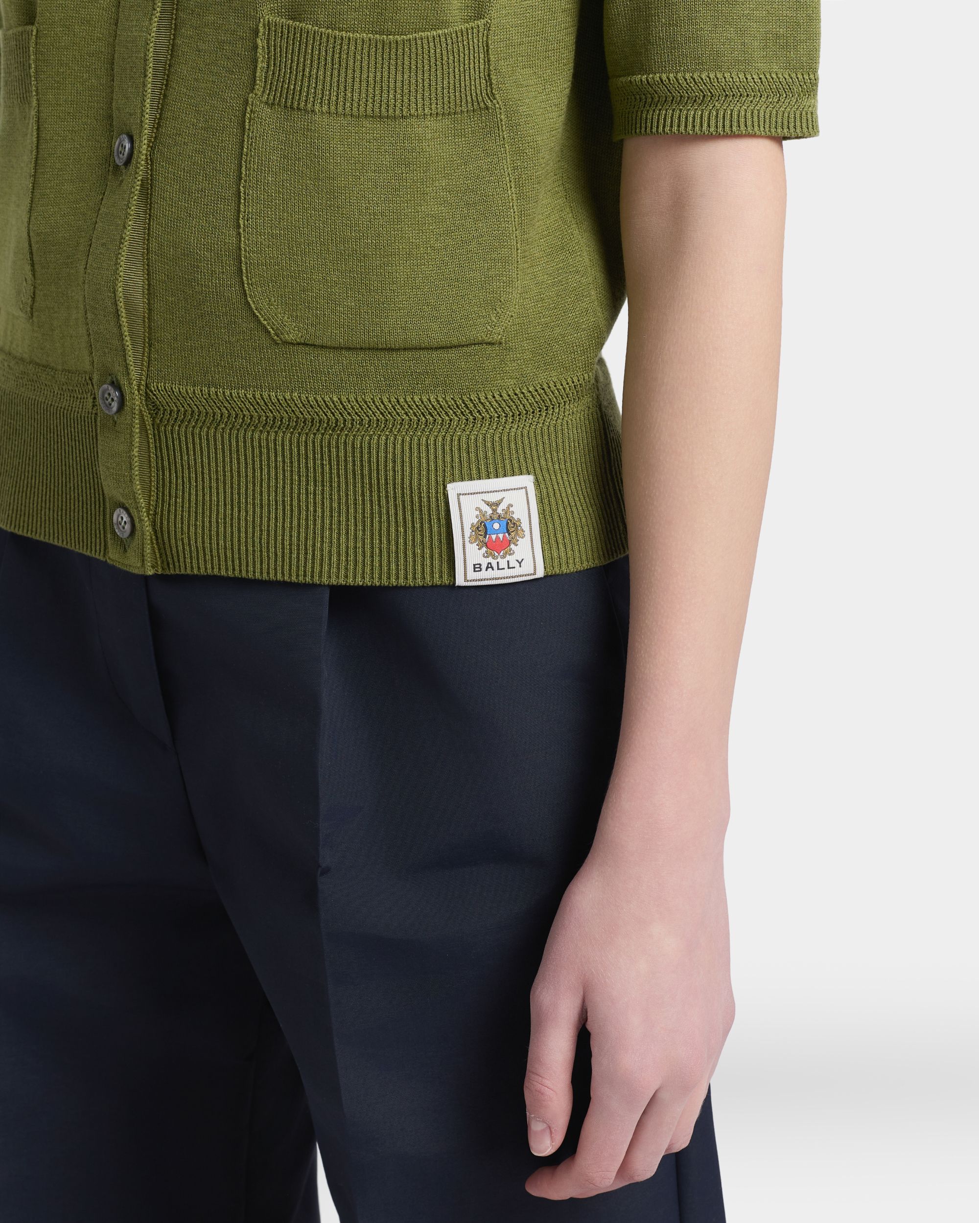 Short Sleeve Cardigan in Matcha Green Cotton And Silk - Image 3