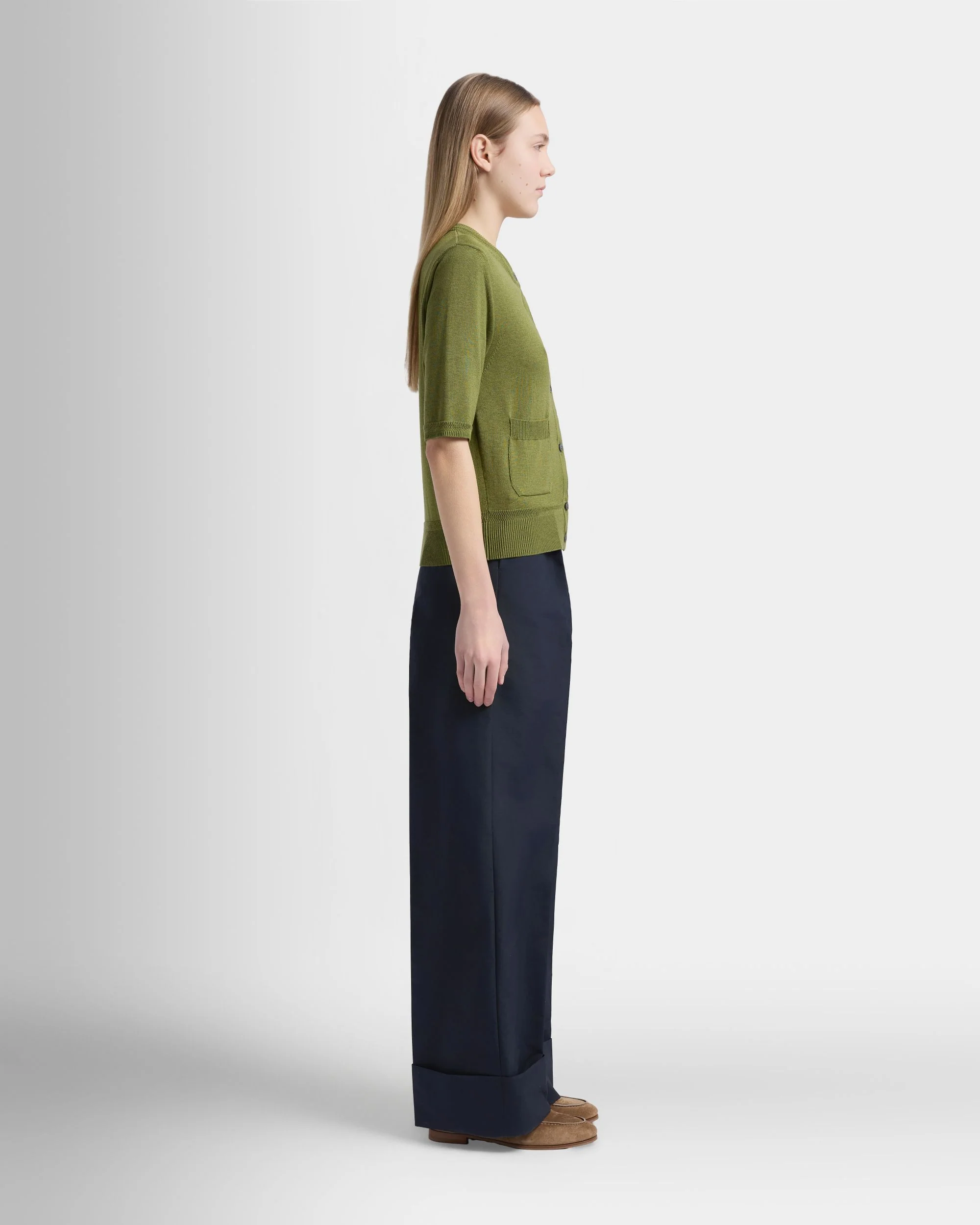 Short Sleeve Cardigan in Matcha Green Cotton And Silk - Image 4
