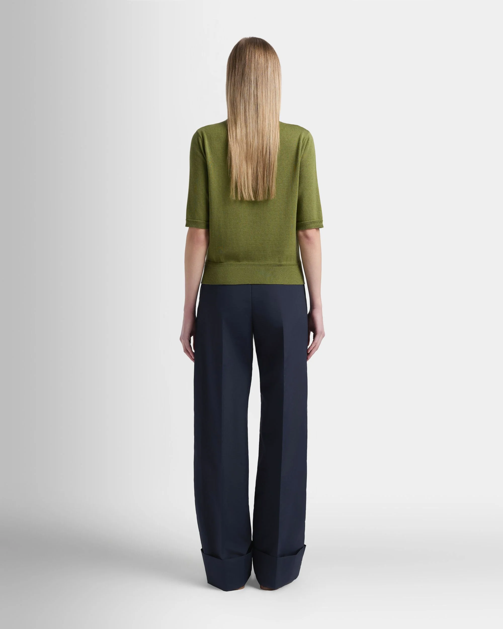 Short Sleeve Cardigan in Matcha Green Cotton And Silk - Image 5