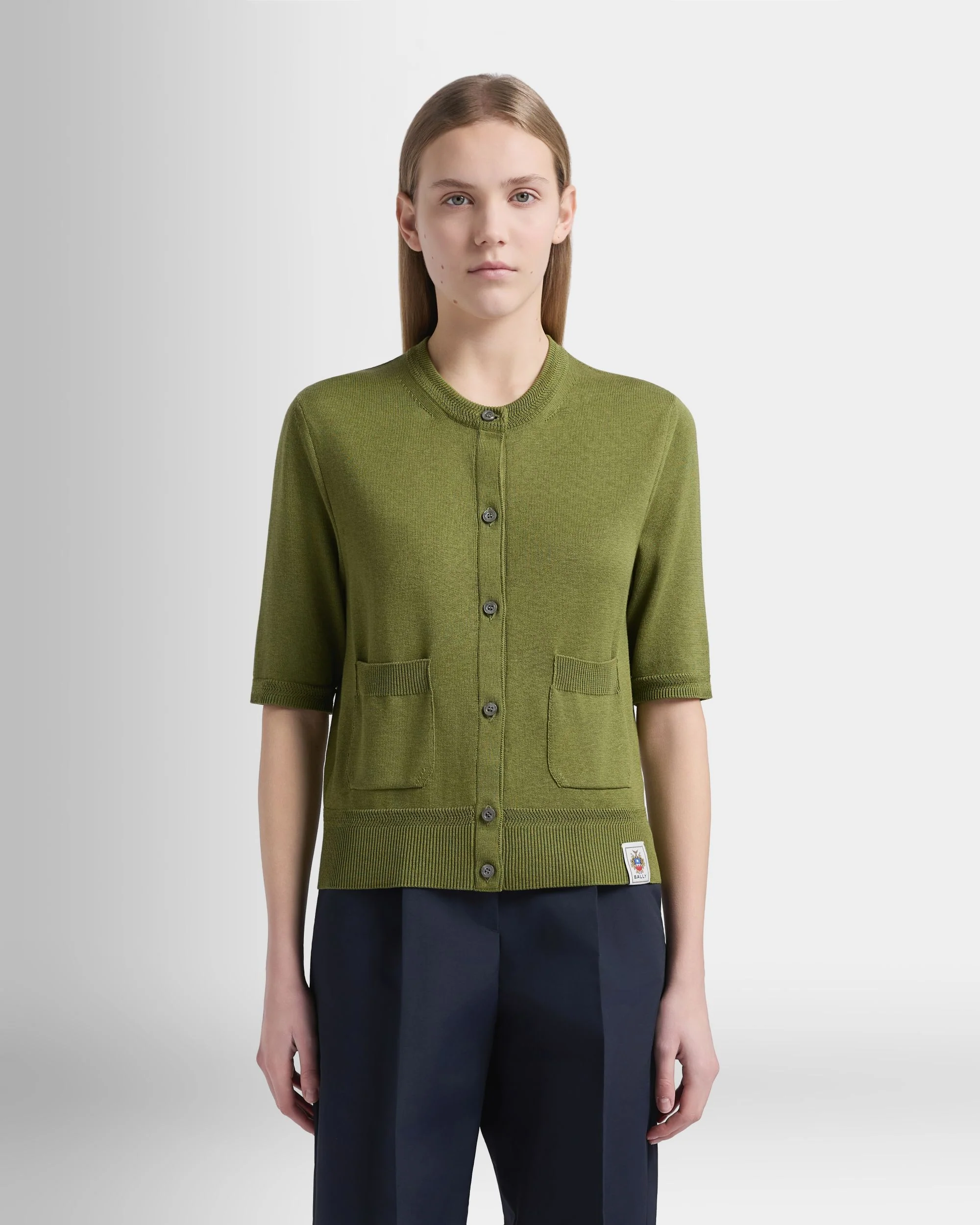 Short Sleeve Cardigan in Matcha Green Cotton And Silk - Image 6