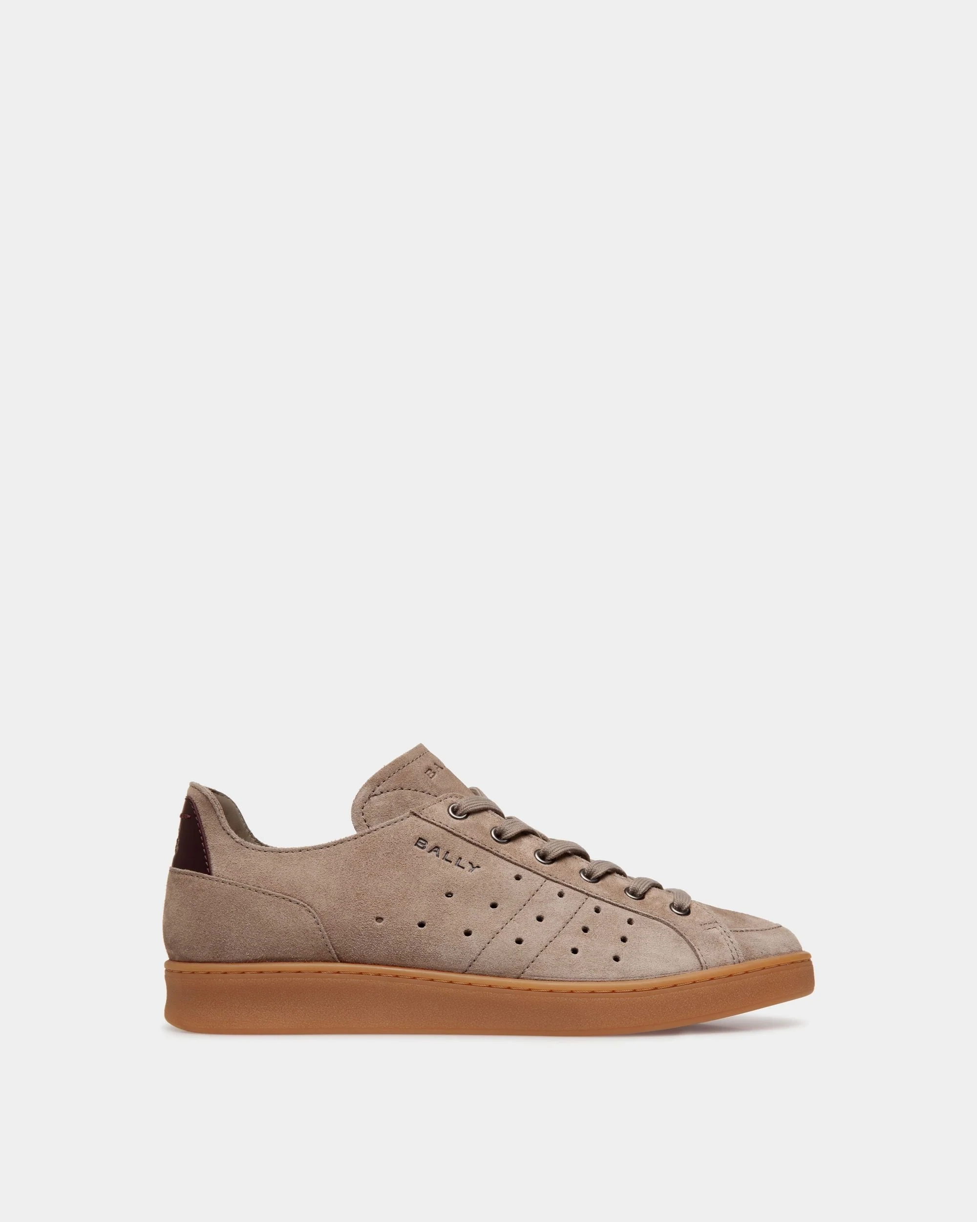 Tennis Sneaker in Taupe and Deep Burgundy Suede