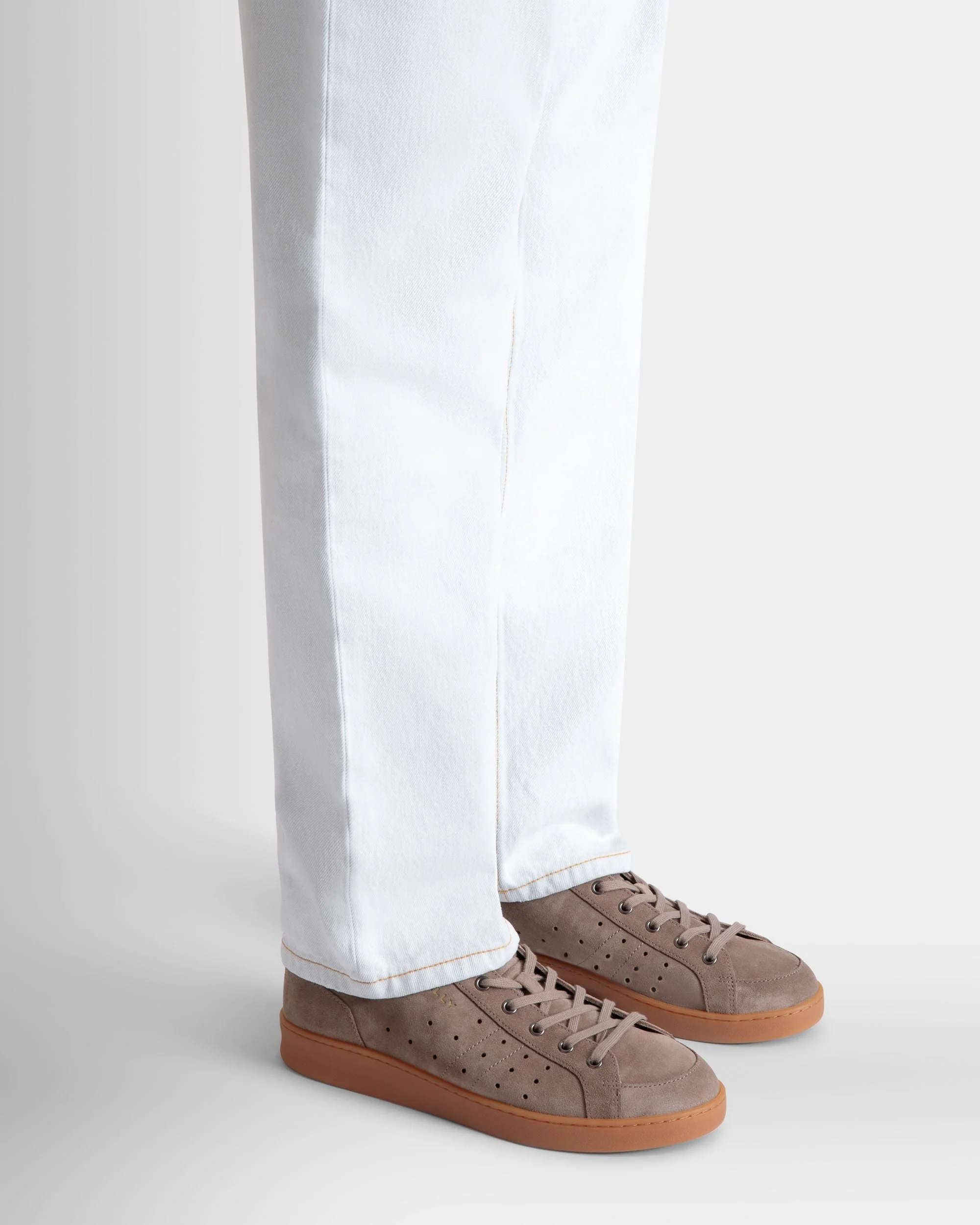 Tennis Sneaker in Taupe and Deep Burgundy Suede - Image 2