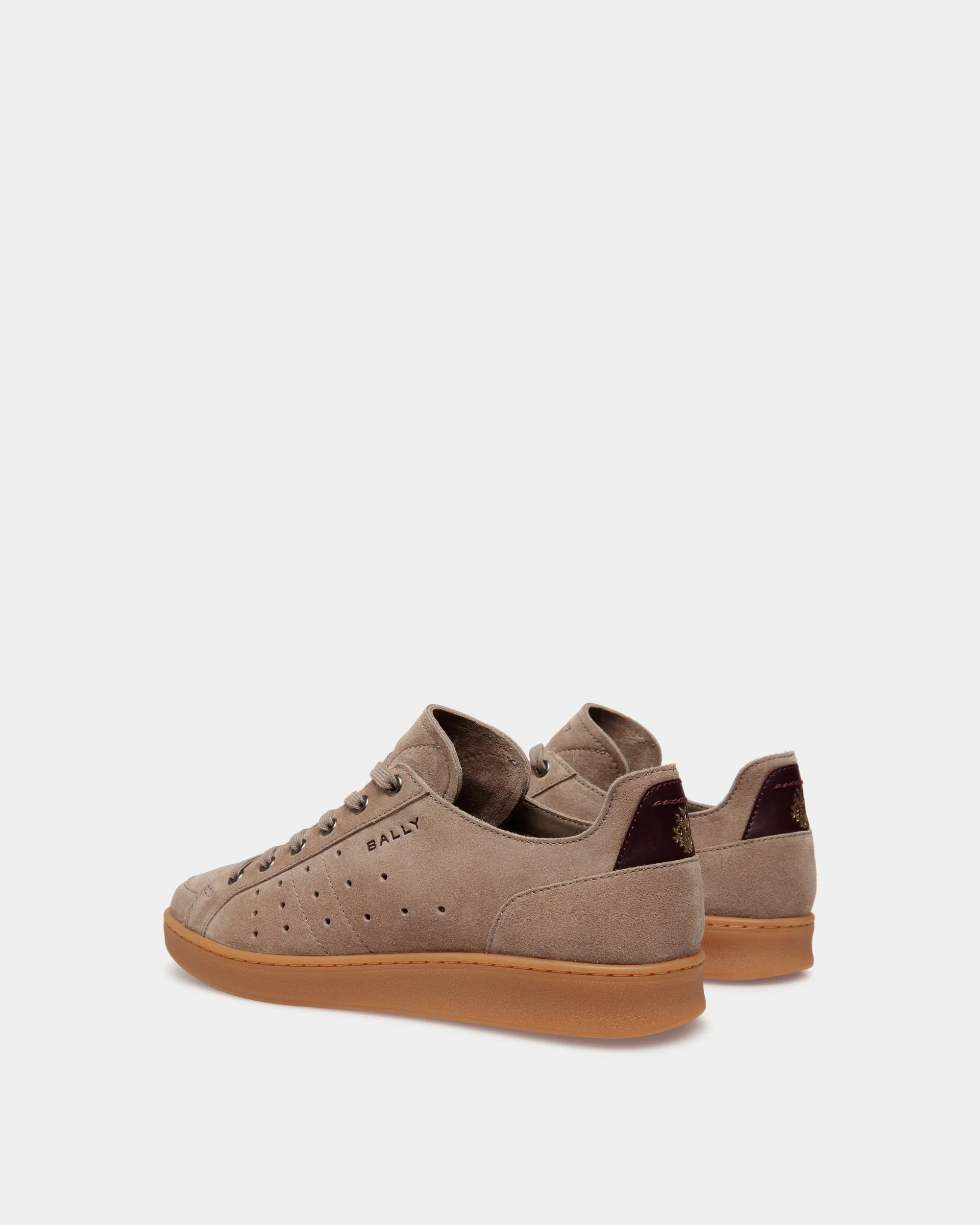 Tennis Sneaker in Taupe and Deep Burgundy Suede - Image 4