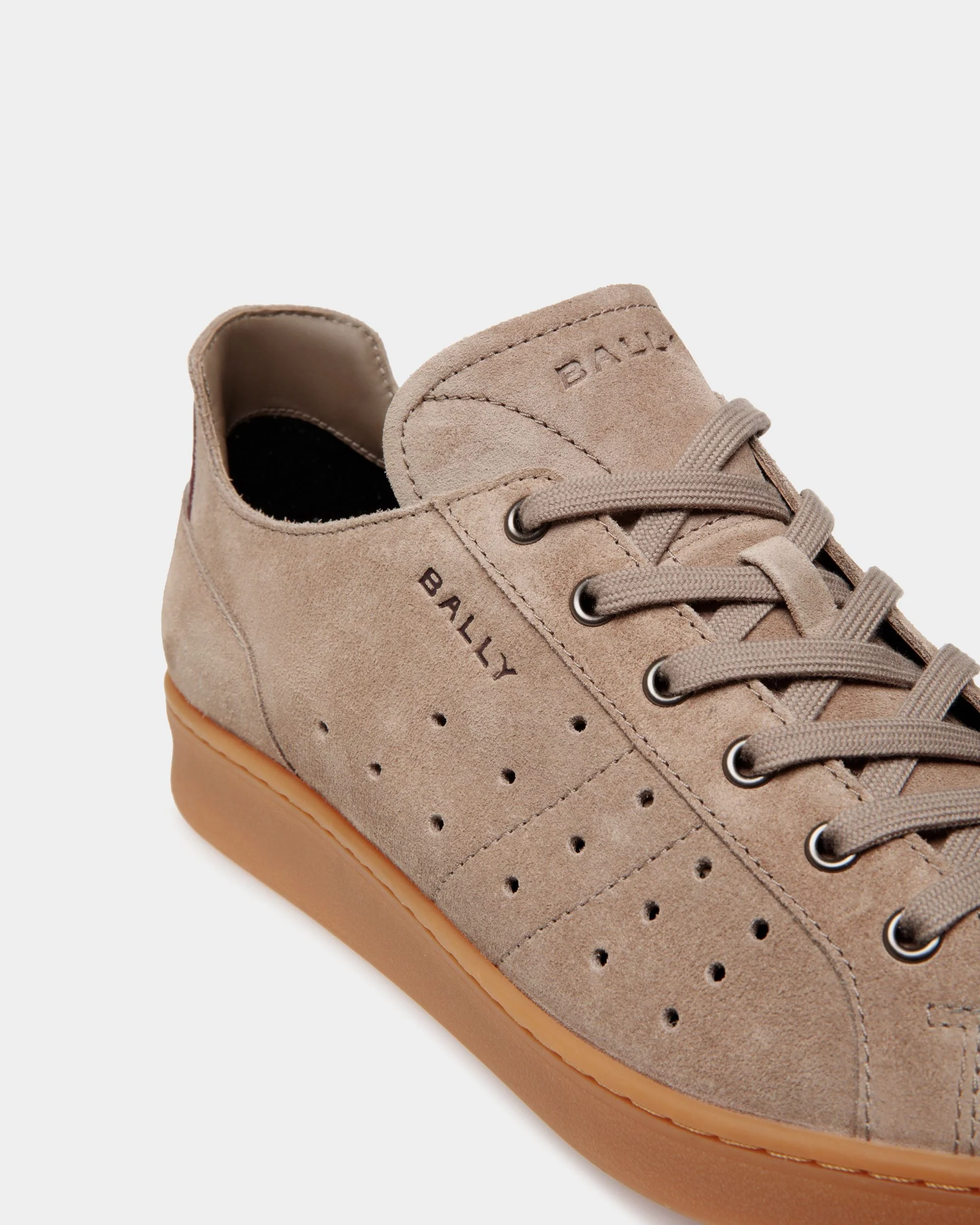 Tennis Sneaker in Taupe and Deep Burgundy Suede - Image 6