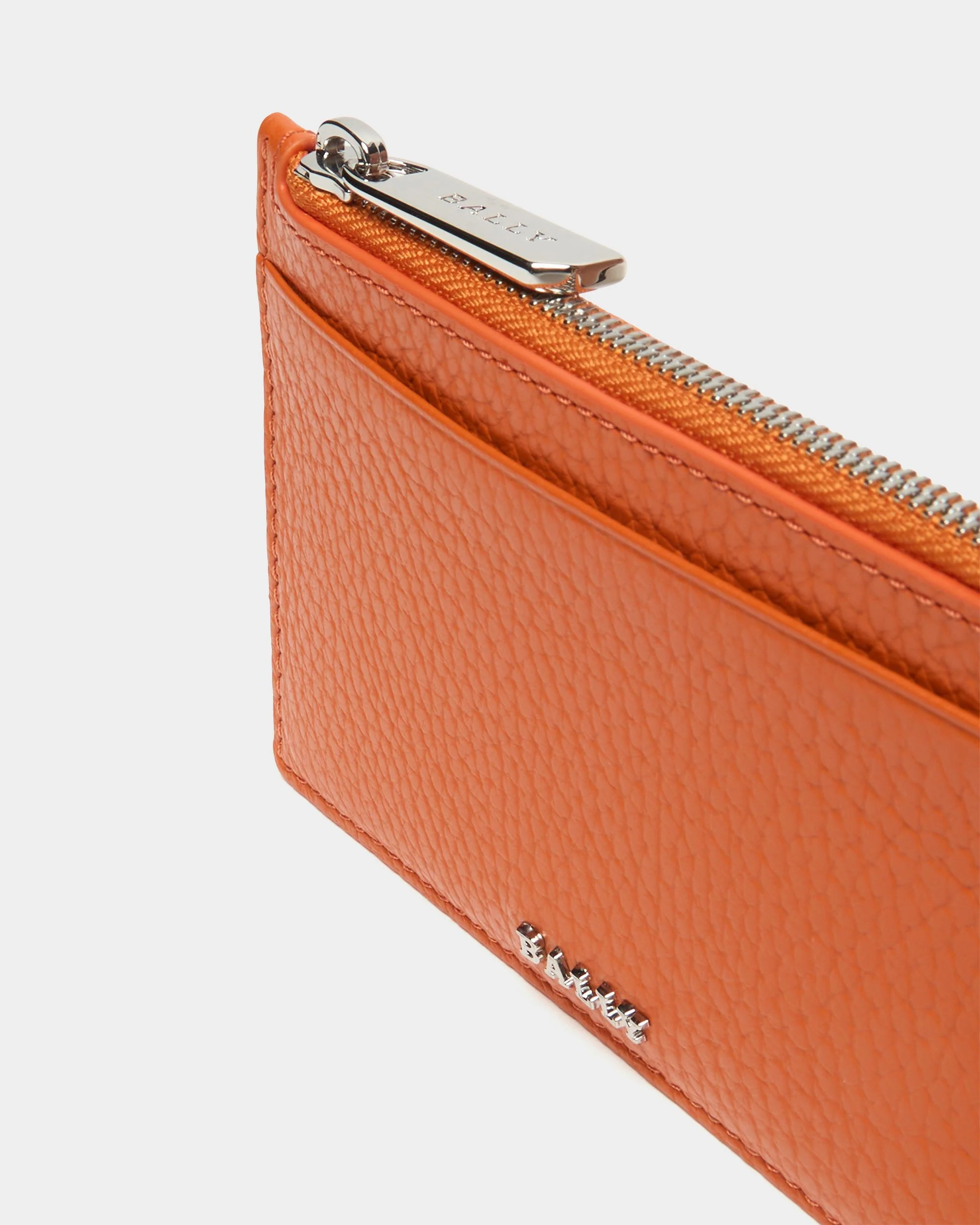 Zipped Card Holder In Orange Grained Leather - Image 4